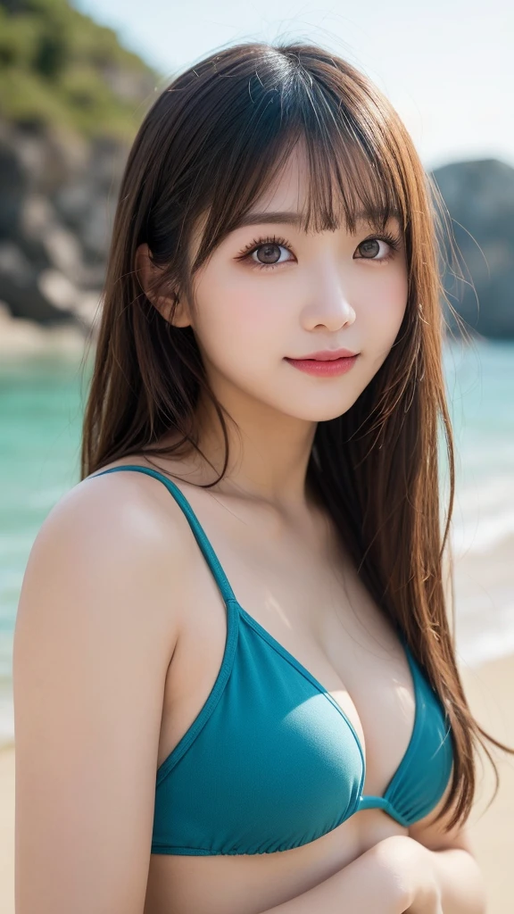 table top, highest quality, shape, Super detailed, finely, High resolution, 8k wallpaper, 完璧なダイナミックな構shape, beautiful and detailed eyes,Summer sea, sandy beach, swimsuit, ランダムなcute髪,,natural color lip, bold sexy pose,smile、20 year old girl、cute、sexy shot looking at camera,Always blur the background,perfect and beautiful face,Take only the face,beautiful and detailed face、slim face and style,Big eyes、Do gal makeup