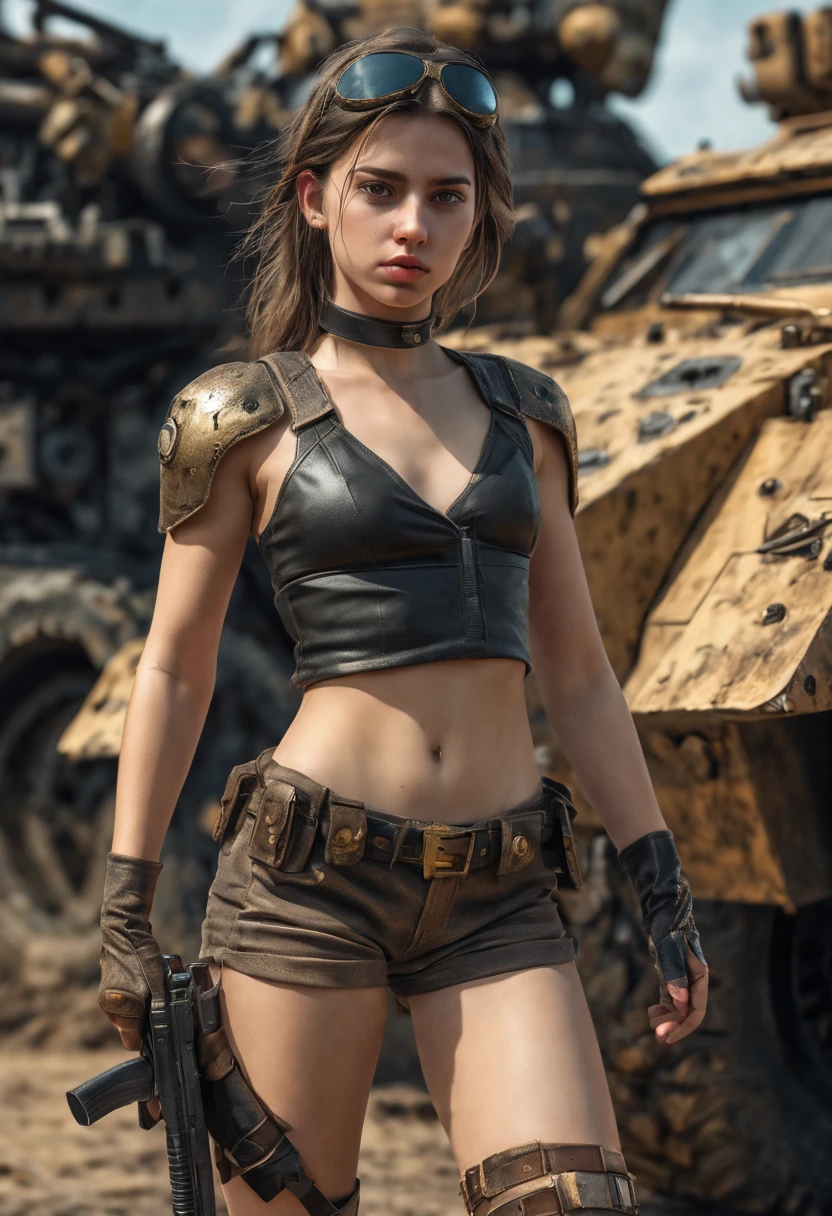 1 girl, 15 year old perfect likeness of SophieXTDSDXL wearing black and gold vaultgirl. Goggle, clothing torn, girl clothes and faces are dirty from battle.  and slim, small girl, short girl, fine detailed eyes, weapons slung over shoulders, leaning against a war vehicle, dented and rusty. , professionally color graded, professional photography, well drawn, masterpiece, hyper realistic, ultra detailed, high quality, best quality, 4k, 8k, hi resolution, very young girl, young face, cute, beautiful, ((NSFW、realistic)), 