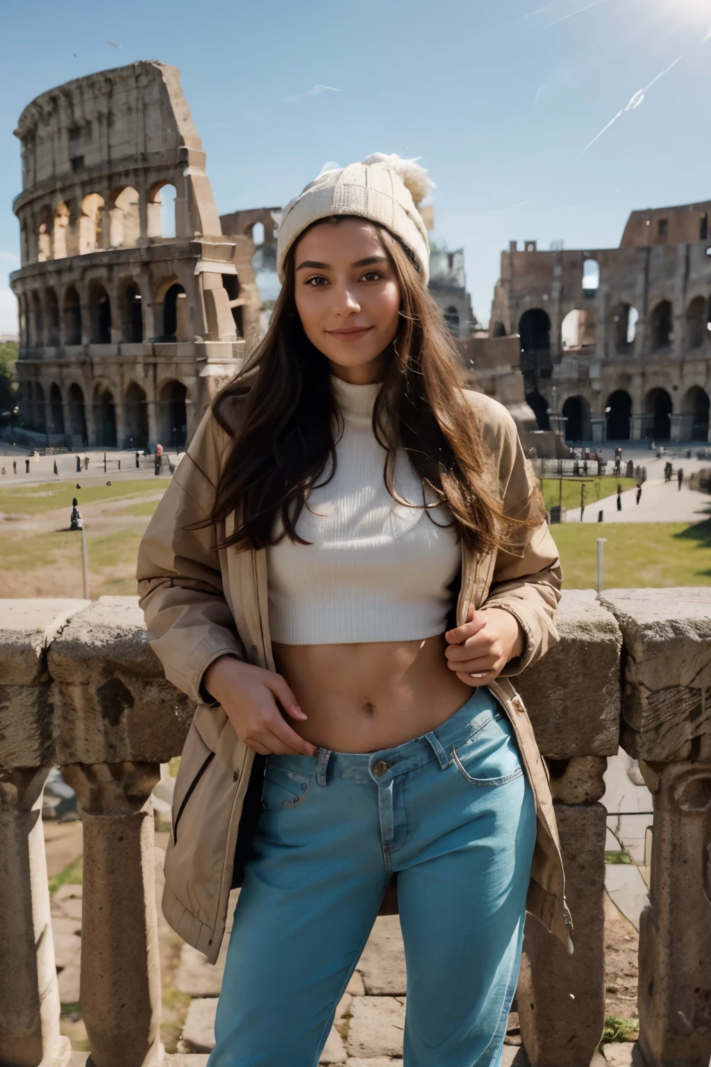 arafed full body woman named Natalia, around 18-24 years old, half smiling, capturing her youthful and vibrant essence. She's wearing a stylish winter jacket a cozy hat , fashionable pants, heels. Natalia is posing in front of the iconic Colosseum, adding a touch of historical elegance to the scene. Her long hair cascades gracefully, complemented by the subtle play of sunlight that highlights her detailed skin texture and natural beauty. The image should exude a sense of warmth and liveliness, inviting viewers to appreciate the fine details like the gentle sway of her hair in the breeze and the intricate patterns of her jacket. she has fingers and nail polish on the fingers.