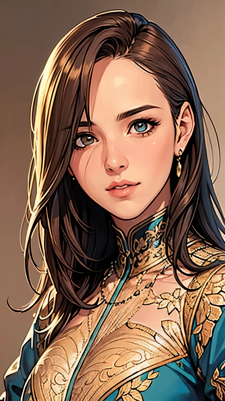 A woman in a blue and gold outfit with long hair - SeaArt AI