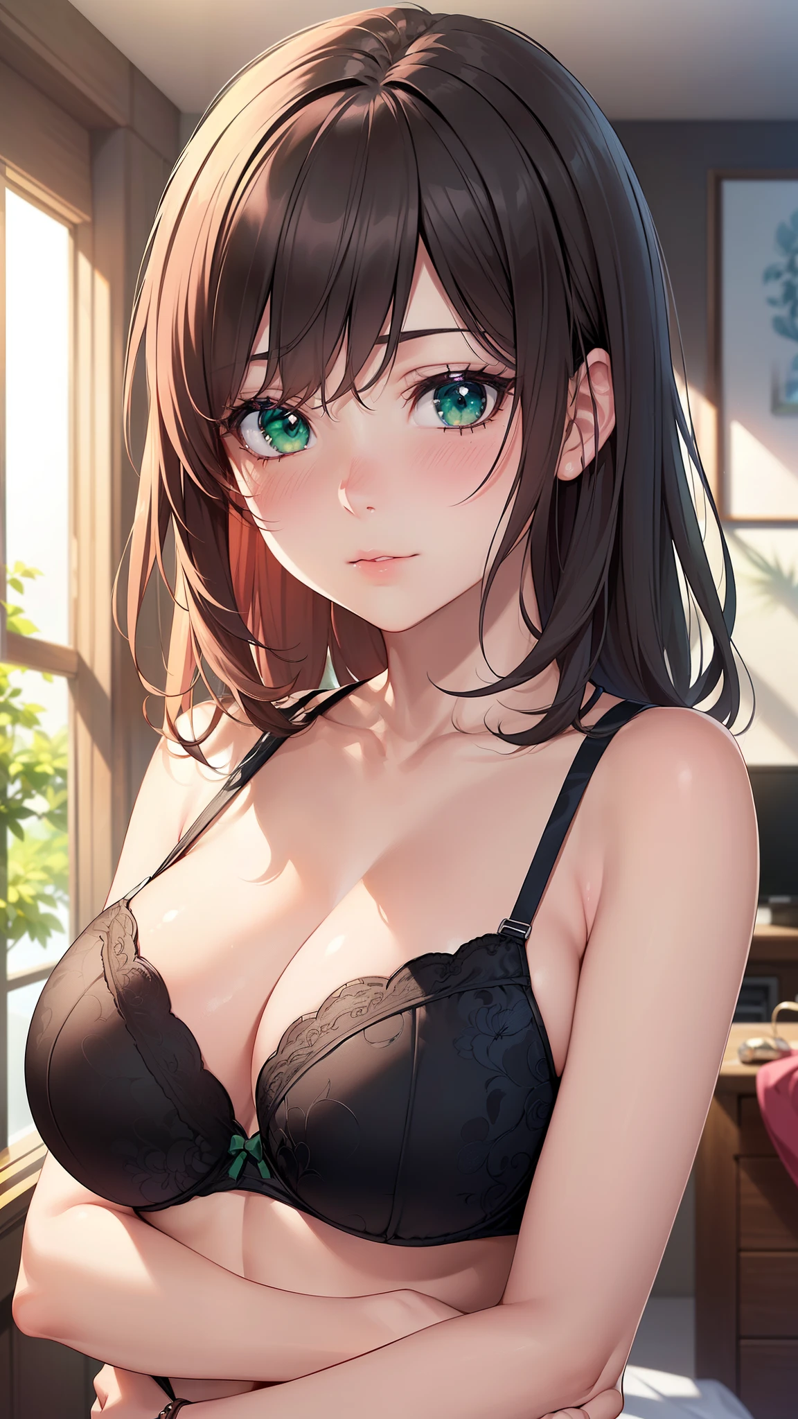 ((masterpiece, highest quality, High resolution, UHD, perfect pixel, Depth of bounds written, 4K, rtx, HDR))), 1 girl, single, alone, beautiful anime girl, beautiful art style, anime character, ((long hair, bangs, brown hair, curly hair:0.8)), ((green eyes:1.4, round eyes, beautiful eyelashes, realistic eyes)), ((detailed face, blush:1.2)), ((smooth texture:0.75, realistic texture:0.65, realistic:1.1, Anime CG style)), big breasts, dynamic angle, perfect body, (cleavage:0.85), ((throw, close, dynamic pose, Hugged look)), ((Black pink bra, Black pink panties)), indoor, Bedroom, Natural light, sunlight