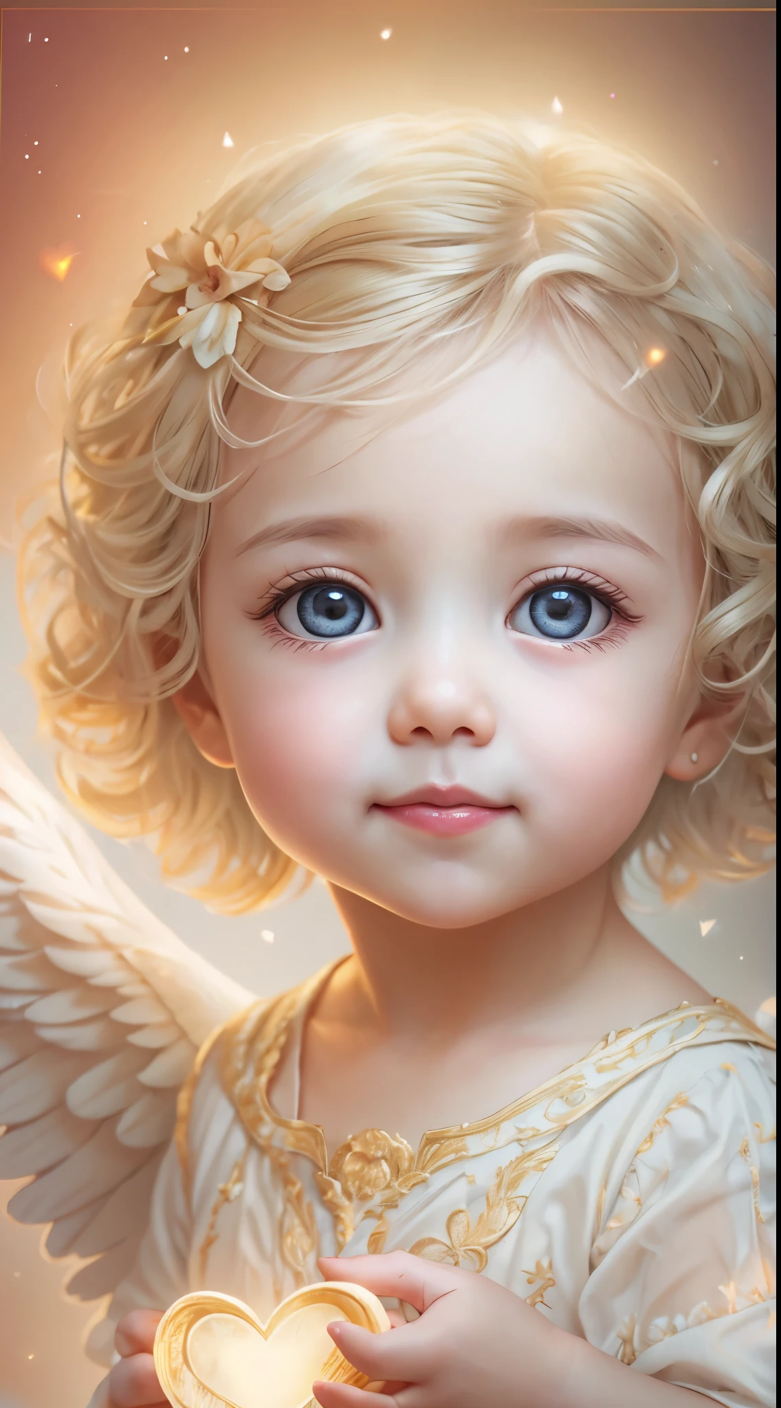 blessings of angels、background bright、holding a heart、like、A sloppy smile、Equable、 angel、face forward、Looking at the camera