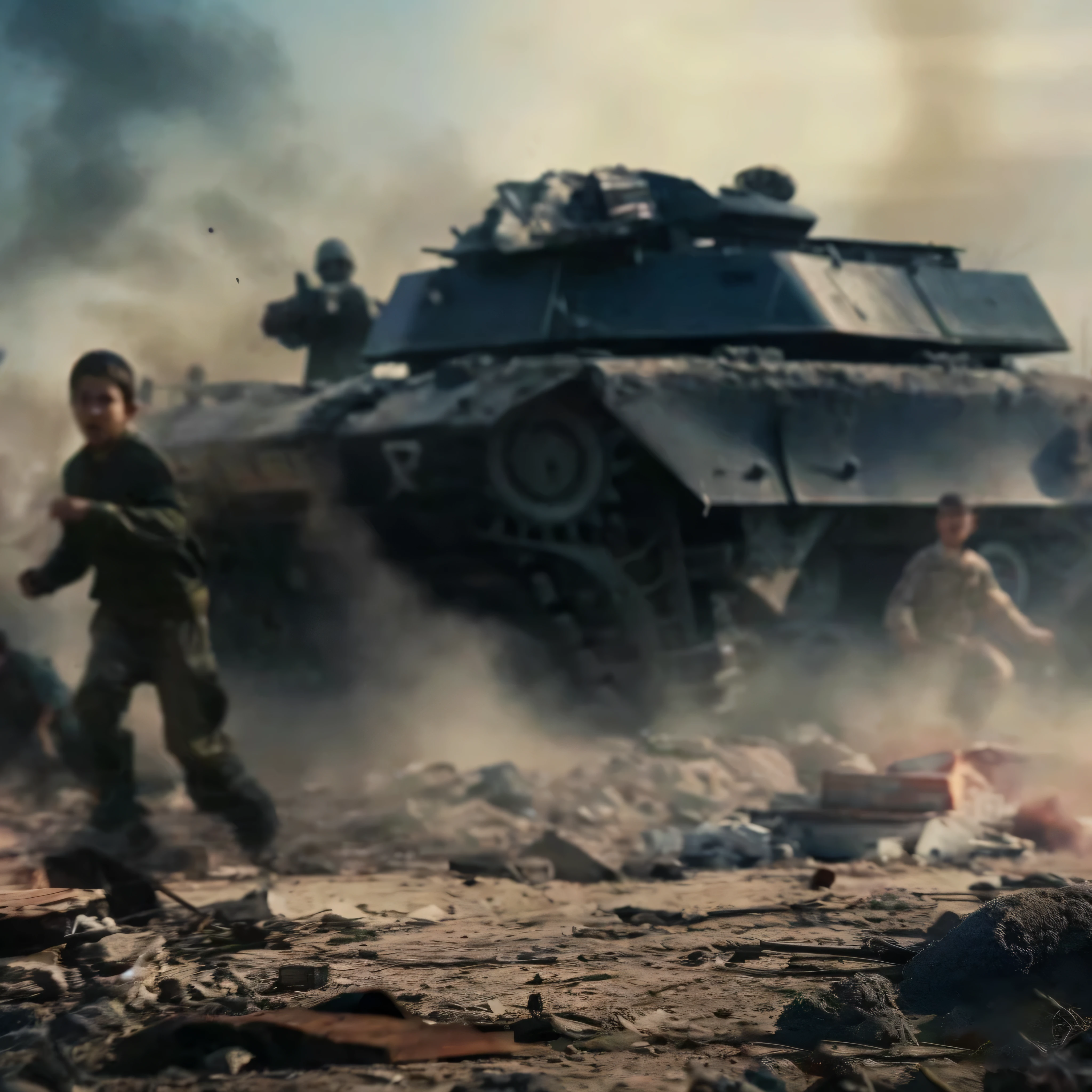 soldiers are standing in front of a tank in a dusty area, still from a live action movie, war movie scene, scene from live action movie, war scenes, war scene, action scene from the film, battlefield scene, stormy and grand war scene, heroic battle scene, stunning vfx, wartime footage, screenshot from a movie, highly detailed vfx, war action, vfx shot