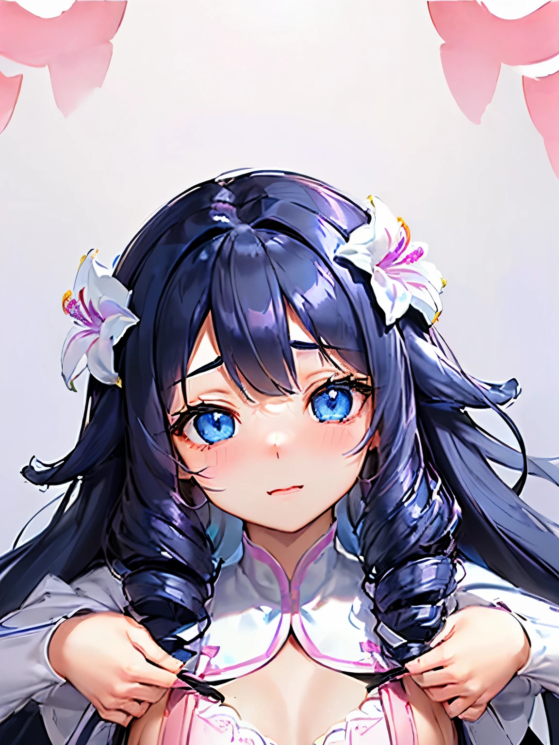 (Thin black hair:1.2),(Long hair with curls:1.3),(hair with volume:1.25),(big ribbon:1.3),(blue eyes:1.4),(Eye size:1.5),(sphere accessories:1.3),((feminine fashion:1.4)),(Background full of blooming flowers:1.5),(blush),(upward glance:1.3),(small breasts:1.4),((close up of face:1.5)),((look up:1.25)),(fashion color White、darkBlue、purple、pink:1.3),(smile:1.2),((Hug your breasts:1.5)),((lily:1.3)),((focus on face:1.35))
