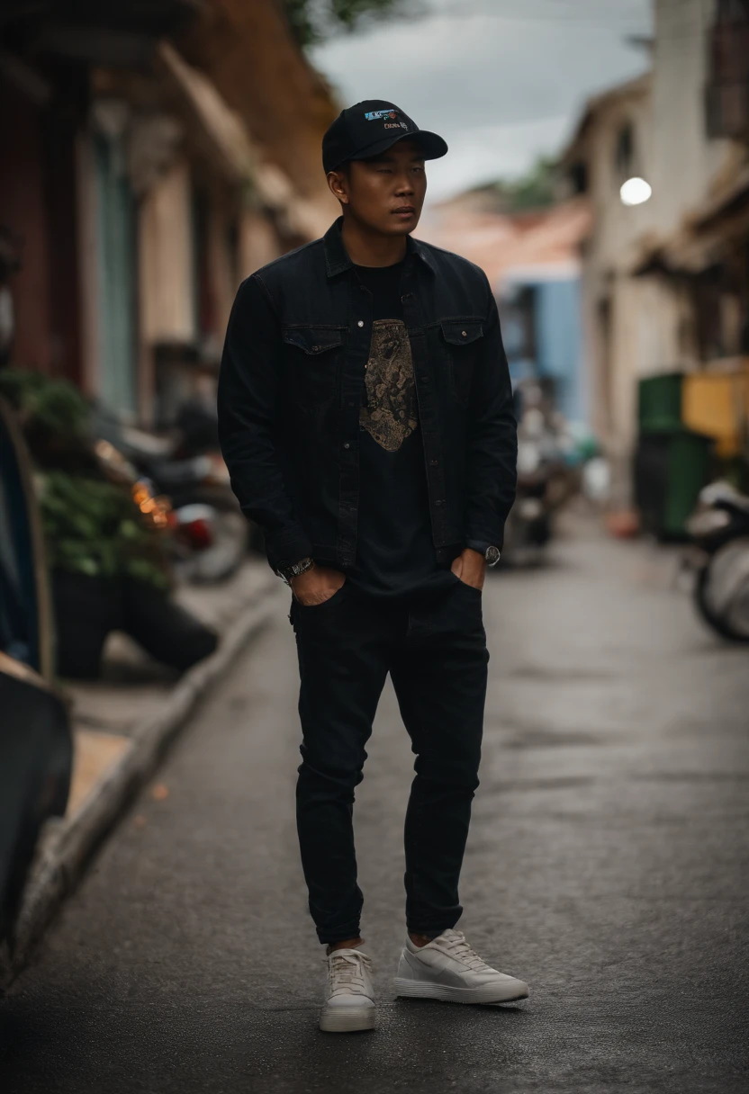 Street racer, 1man, Malaysian, wearing black baseball cap and denim shirt, baggy and sneakers on the street, with his honda ek9, neon background