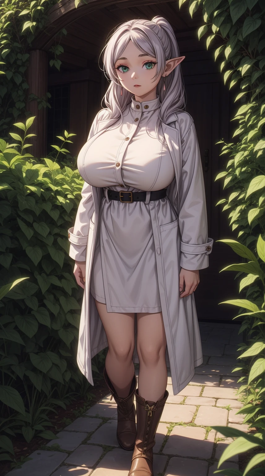 anime female character in white outfit with white coat,
BREAK
, elf, white hair, grey hair, earrings, pointy ears, long hair, ponytail, green eyes, twintails, parted bangs, thick eyebrows, (Beautiful,Huge_Breasts:1.3), milf,
BREAK
, 1girl, solo, Standing in the garden, full body, full figure,
BREAK
, A breathtakingly beautiful garden filled with vibrant flowers, lush green plants, and a crystal-clear pond. The air is filled with the sweet scent of blooming flowers, and rays of golden sunlight gently filter through the leaves, creating a magical atmosphere,
BREAK
, white outfit with white coat, green boots, brown footwear
BREAK
, beautiful detailed eyes, beautiful detailed lips, extremely detailed eyes and face, long eyelashes,
BREAK
, medium: oil painting, atmospheric lighting, dreamy color palette, detailed interior decoration, quiet and peaceful ambiance,
BREAK
, (best quality,4k,8k,highres,masterpiece:1.2), ultra-detailed,