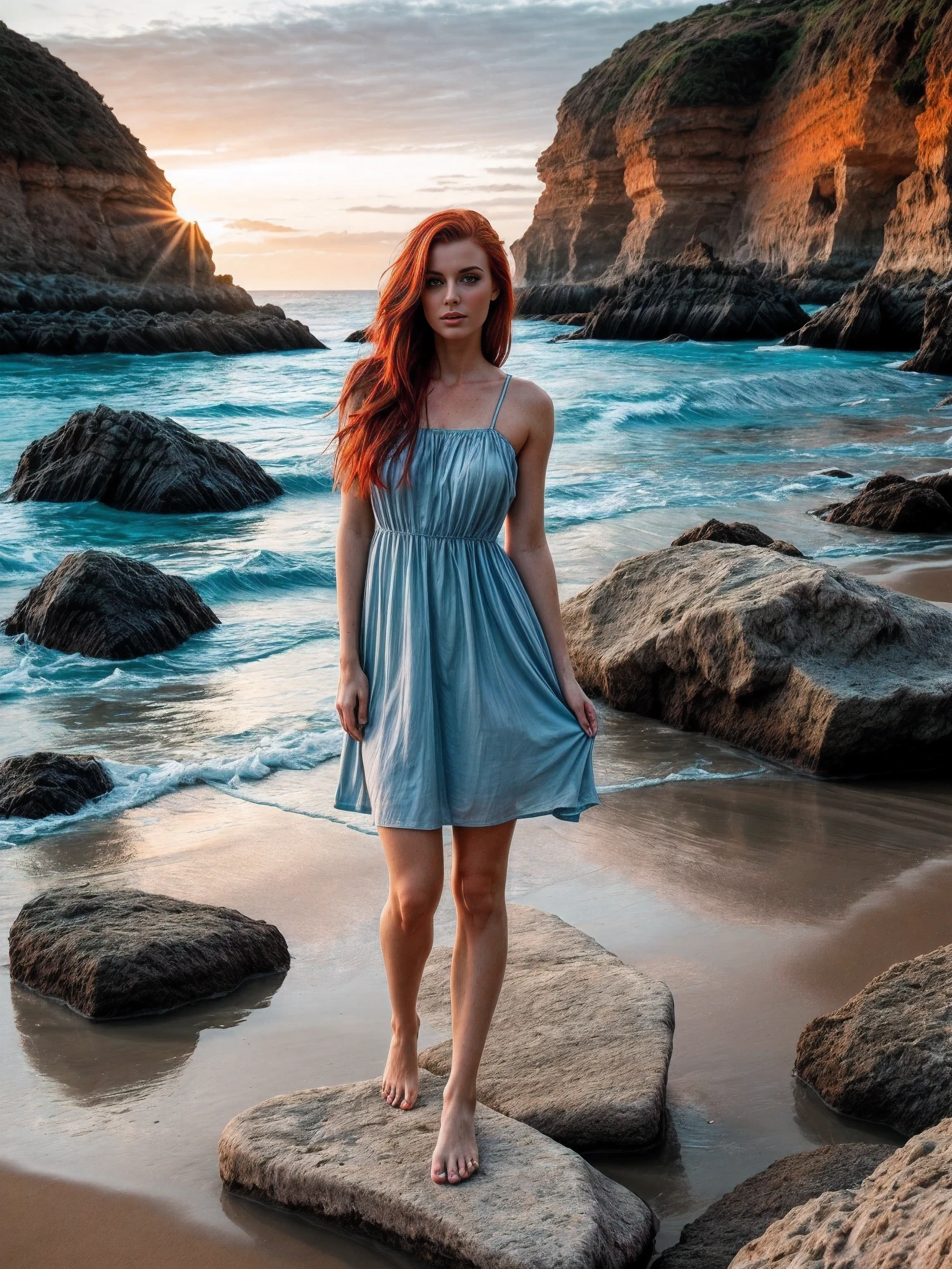 Elegant woman with red hair and blue eyes, wearing a dress made of ocean water, standing on a grey stone on the beach at sunrise, colorful and stunning scenery