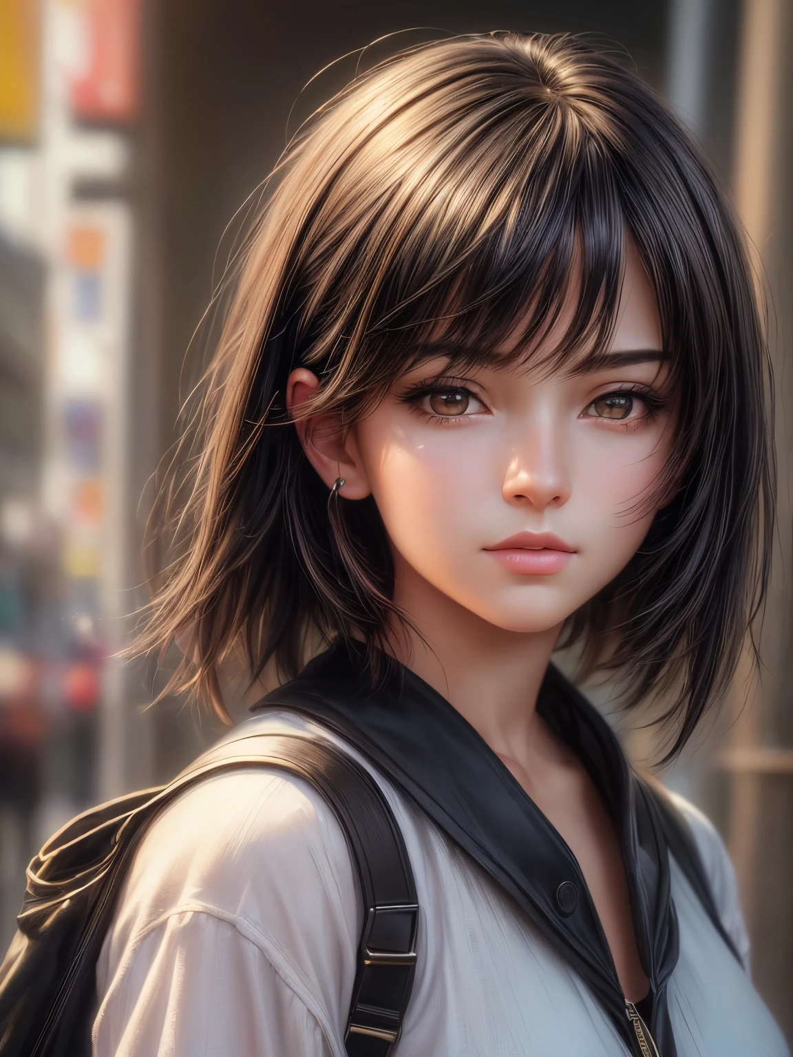 (best quality,4k,8k,highres,masterpiece:1.2),ultra-detailed,(realistic,photorealistic,photo-realistic:1.37),painting,girl,digitalart,oil style,beautiful,anime style,colorful,detailed,portrait,1990s,Japan,black hair bob,18 year old
