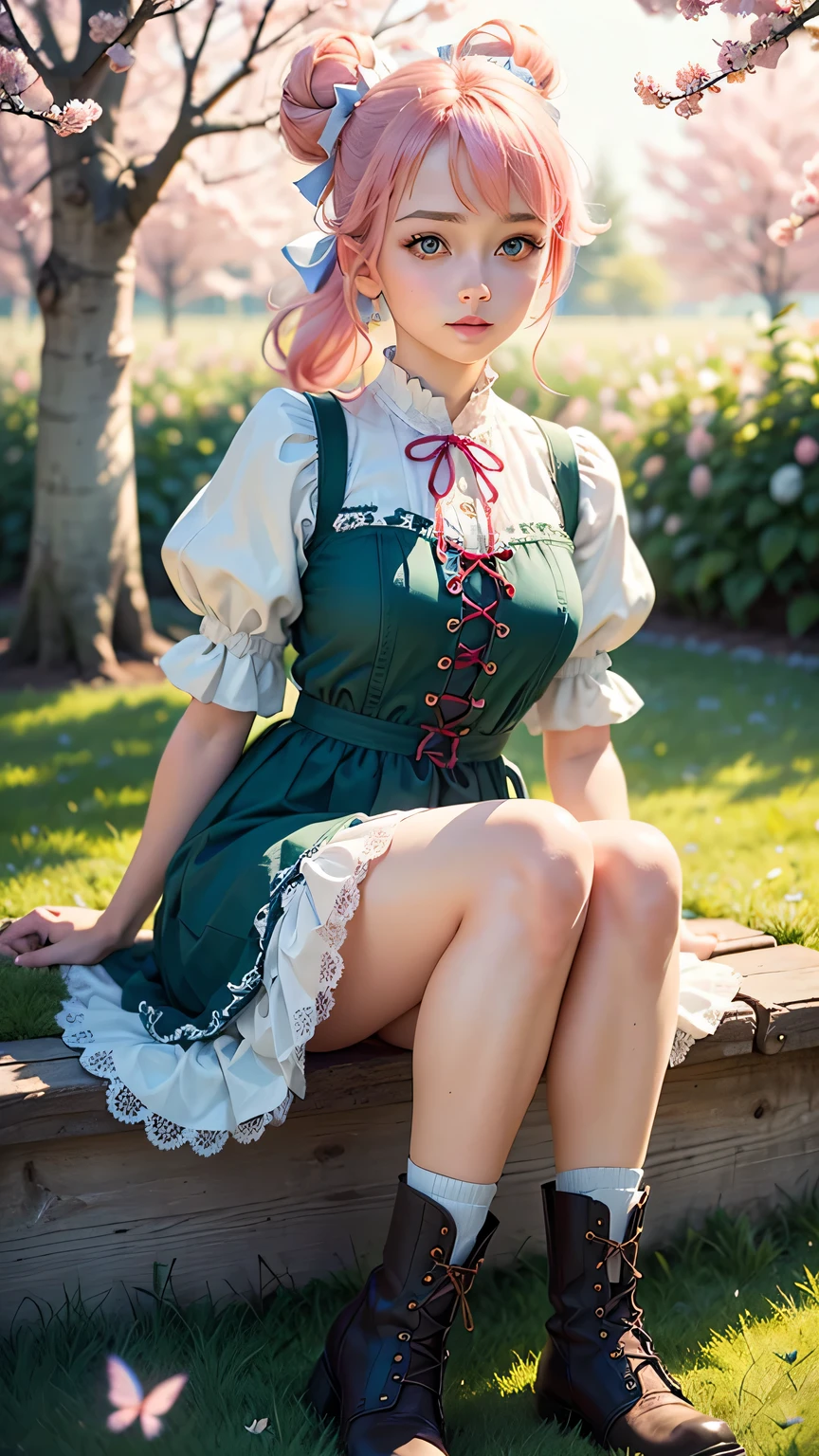 (best quality,4K,8k,high resolution,masterpiece:1.2),Super detailed,(actual,photoactual,photo-actual:1.37),cute anime girl,big bright eyes,red face,playful expression,Long pale hair,Two buns,Pink bow,cute clothes,frilly dress,Big puff sleeves,fancy ribbon,ponytail,Striped socks,Lace-up boots,in a blooming garden,with vibrant flowers,flying butterflies,soft green grass,Bright blue sky,Soft sunlight pours down through the trees,ethereal light,traditional watercolor style,warm pastel color palette,Soft brushstrokes,Hint of cherry blossom petals,Sophisticated and dreamy atmosphere,harmonious composition,Light and airy feel