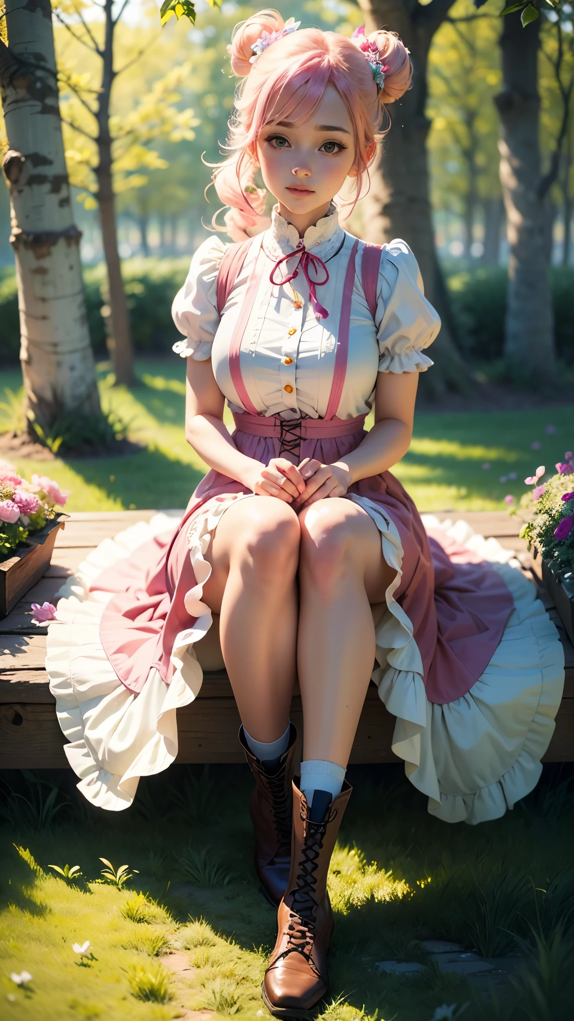 (best quality,4k,8k,highres,masterpiece:1.2),ultra-detailed,(realistic,photorealistic,photo-realistic:1.37),cute anime girl,large bright eyes,rosy cheeks,playful expression,long pastel-colored hair,two buns,pink bows,adorable outfit,frilly dress,big puffy sleeves,fancy ribbons,ponytail,stripy socks,lace-up boots,in a blooming garden,with vibrant flowers,fluttering butterflies,soft green grass,bright blue sky,soft sunlight pouring through the trees,ethereal glow,traditional watercolor painting style,warm pastel color palette,soft brushstrokes,hint of sakura petals,delicate and dreamy vibe,harmonious composition,light and airy feel
