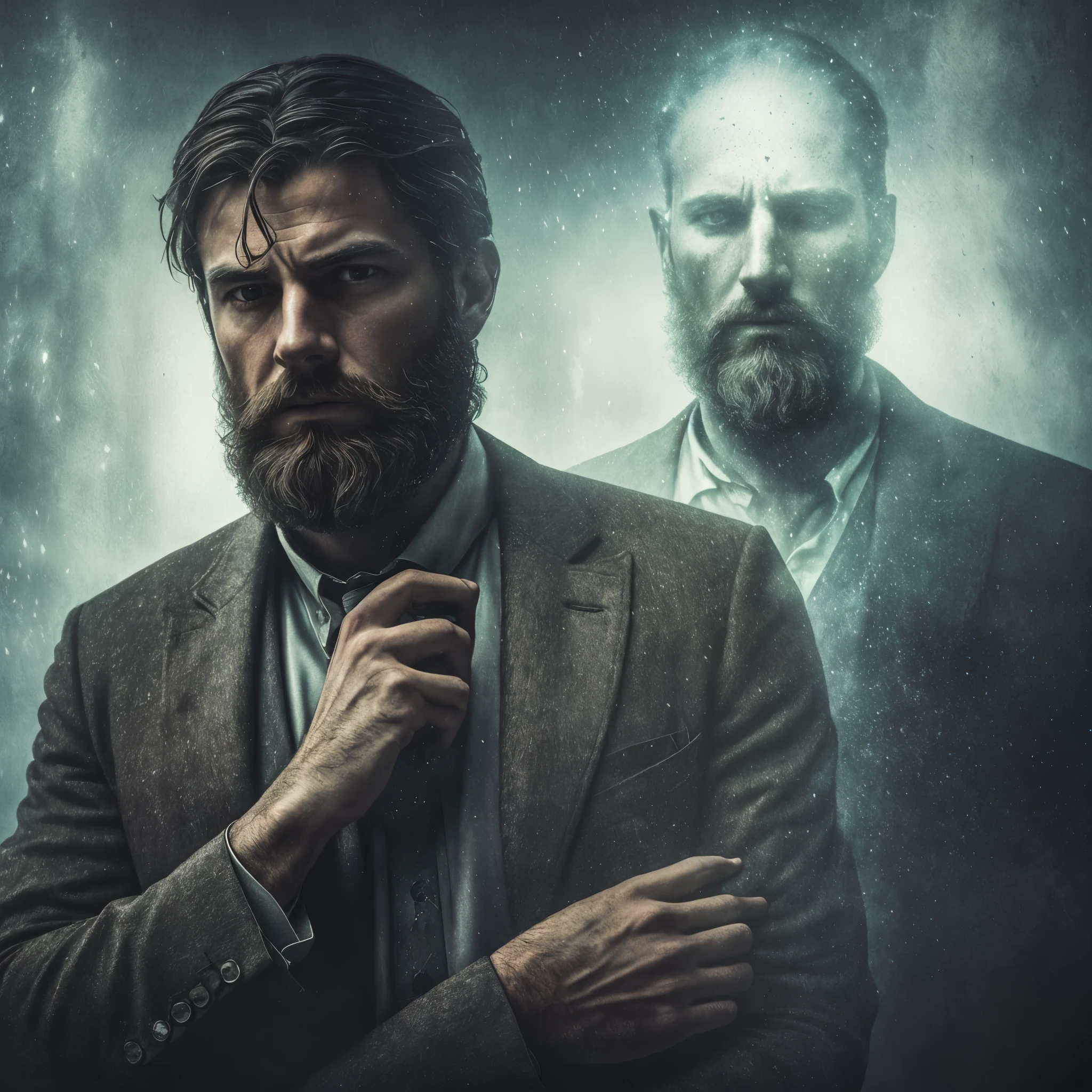 (best quality,4k,highres,masterpiece:1.2),ultra-detailed,realistic,portrait,man,unaware of,being observed,(ghostly,ethereal) figures,spooky atmosphere,dark setting,eerie lighting,wistful expression,subtle facial features,beard,deep-set eyes,dreamy gaze,mysterious vibes,colorful palette,whispering shadows,mind-bending illusion,dramatic storytelling,haunting presence,detailed textures,pensive mood,dusk,enclosed space,uncertain fate,hint of suspense,uncanny sensation,element of surprise,uncaptured moments,unseen realm,hidden dimension,shivers down the spine,secrets unveiled,magical encounter,intense imagination