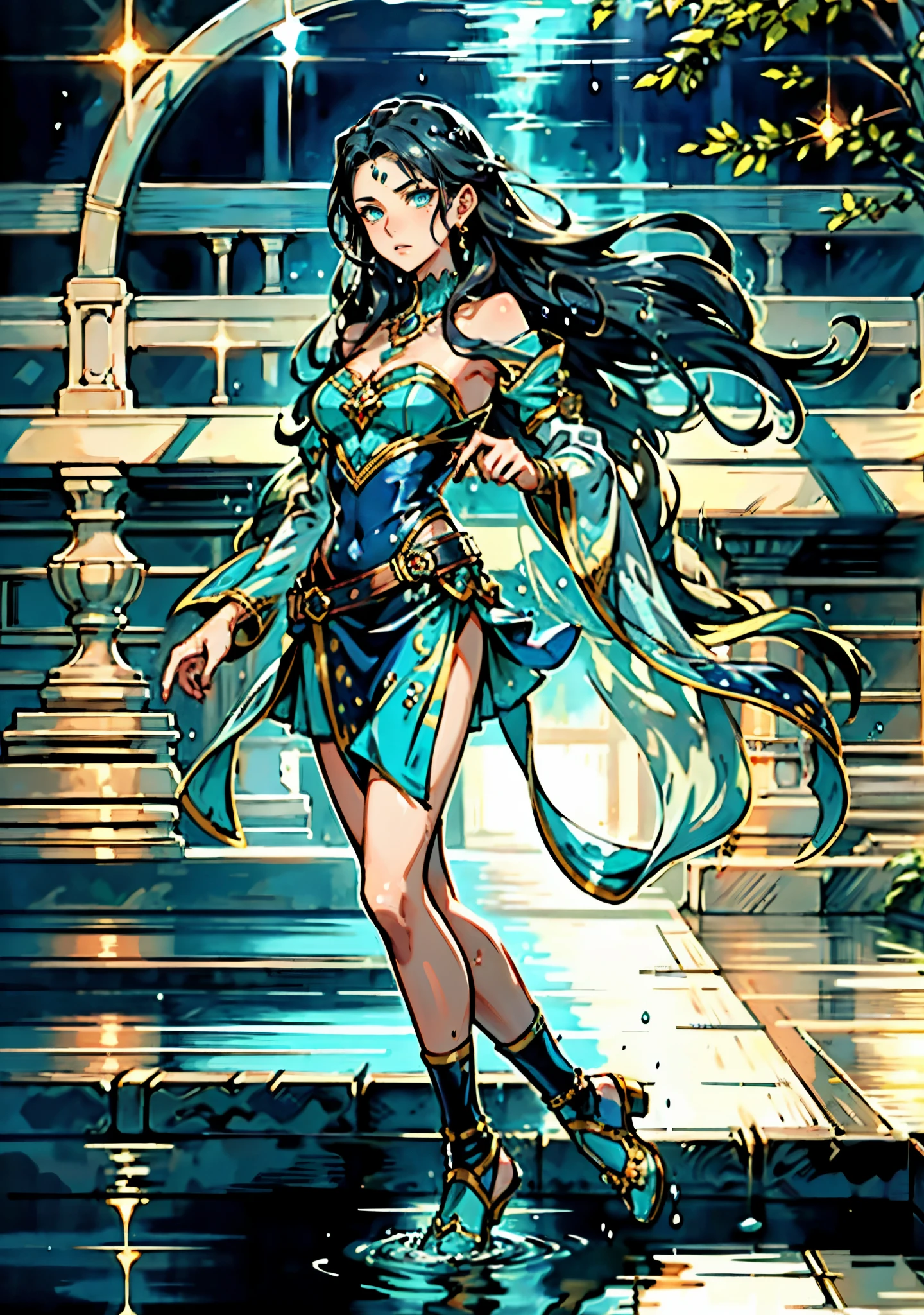 A beautiful woman with cascading waves of aqua-blue long hair, exquisite facial features, a melancholic expression, delicate and bright eyes, skin as smooth and radiant as polished jade, her slender and graceful figure dances like water splashes in the wind, a splendid fantasy-style islander ethnic costume, a short skirt resembling ocean waves, her slender legs leap lightly above the water surface, surrounded by splashing droplets that dance in the air, this character embodies a finely crafted fantasy-style female dancer in anime style, exquisite and mature manga art style, high definition, best quality, highres, ultra-detailed, ultra-fine painting, extremely delicate, professional, anatomically correct, symmetrical face, extremely detailed eyes and face, high quality eyes, creativity, RAW photo, UHD, 8k, Natural light, cinematic lighting, masterpiece-anatomy-perfect, masterpiece:1.5