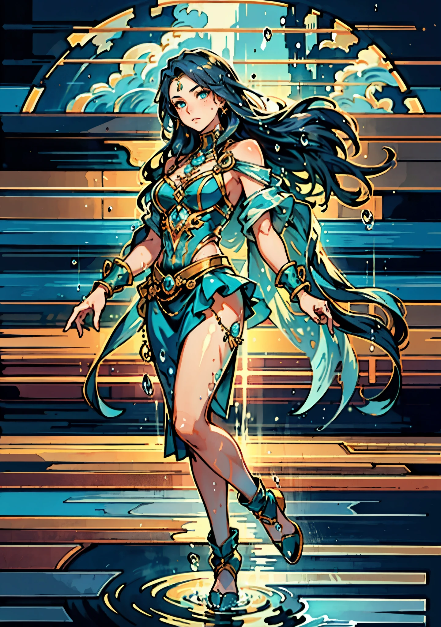 A beautiful woman with cascading waves of aqua-blue long hair, exquisite facial features, a melancholic expression, delicate and bright eyes, skin as smooth and radiant as polished jade, her slender and graceful figure dances like water splashes in the wind, a splendid fantasy-style islander ethnic costume, a short skirt resembling ocean waves, her slender legs leap lightly above the water surface, surrounded by splashing droplets that dance in the air, this character embodies a finely crafted fantasy-style female dancer in anime style, exquisite and mature manga art style, high definition, best quality, highres, ultra-detailed, ultra-fine painting, extremely delicate, professional, anatomically correct, symmetrical face, extremely detailed eyes and face, high quality eyes, creativity, RAW photo, UHD, 8k, Natural light, cinematic lighting, masterpiece-anatomy-perfect, masterpiece:1.5