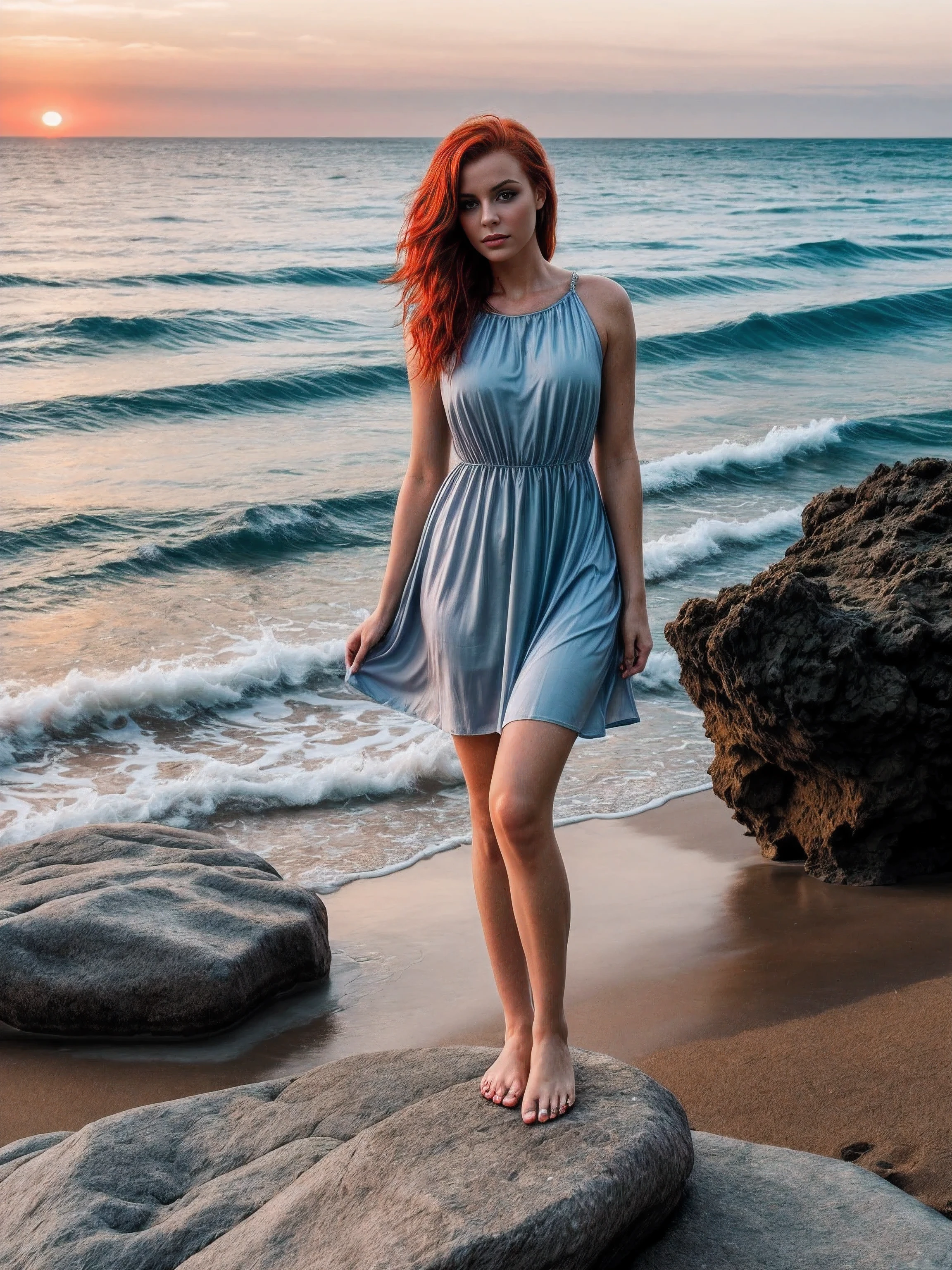 Elegant woman with red hair and blue eyes, wearing a dress made of ocean water, standing on a grey stone on the beach at sunrise, colorful and stunning scenery