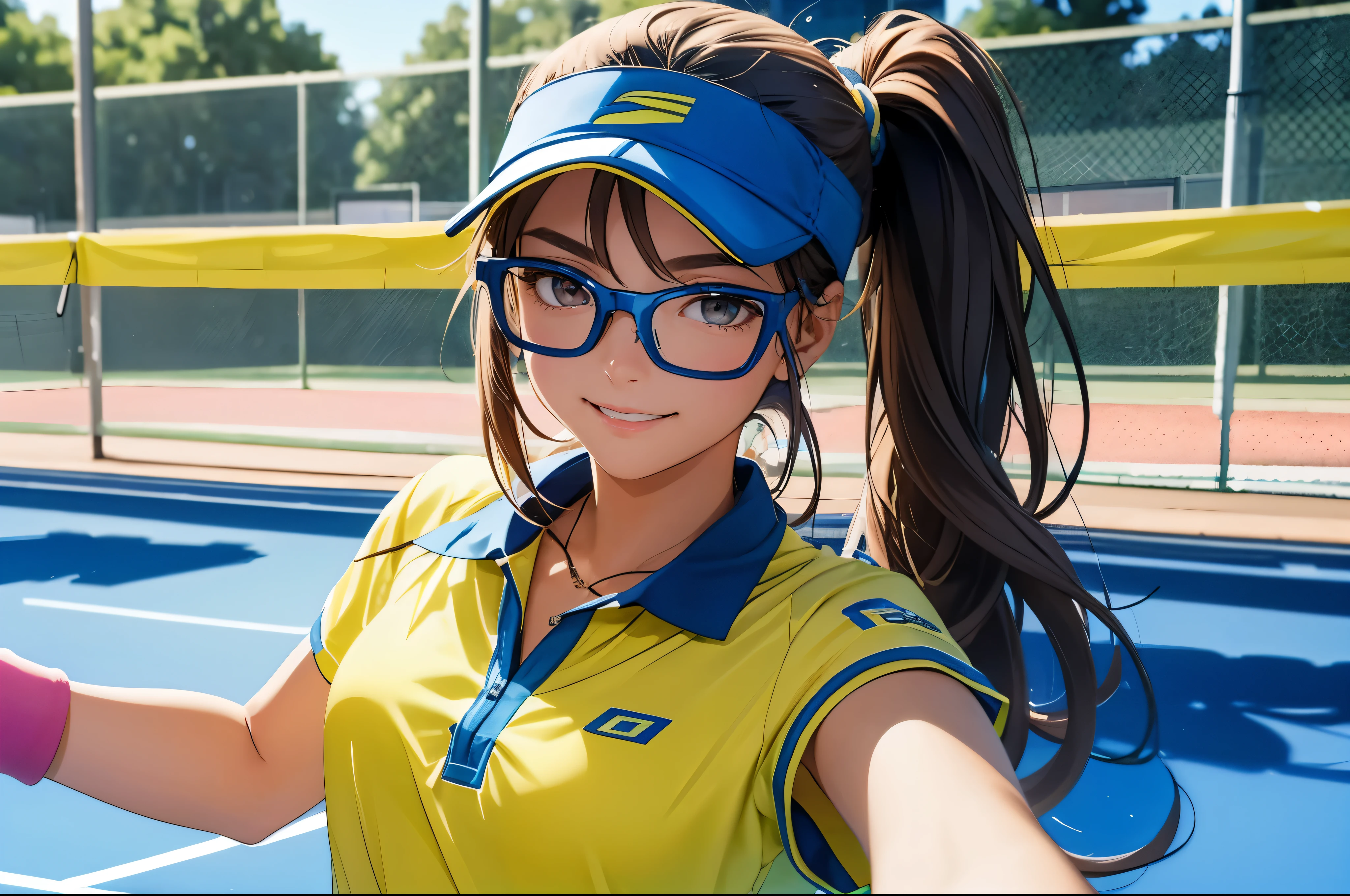 Beautiful female tennis player, , Long hair in a ponytail,,, smooth, glasses, open head hat, wristband, smile brightly, Tennis practice, at the tennis court, Yellow and blue tennis outfit, anime