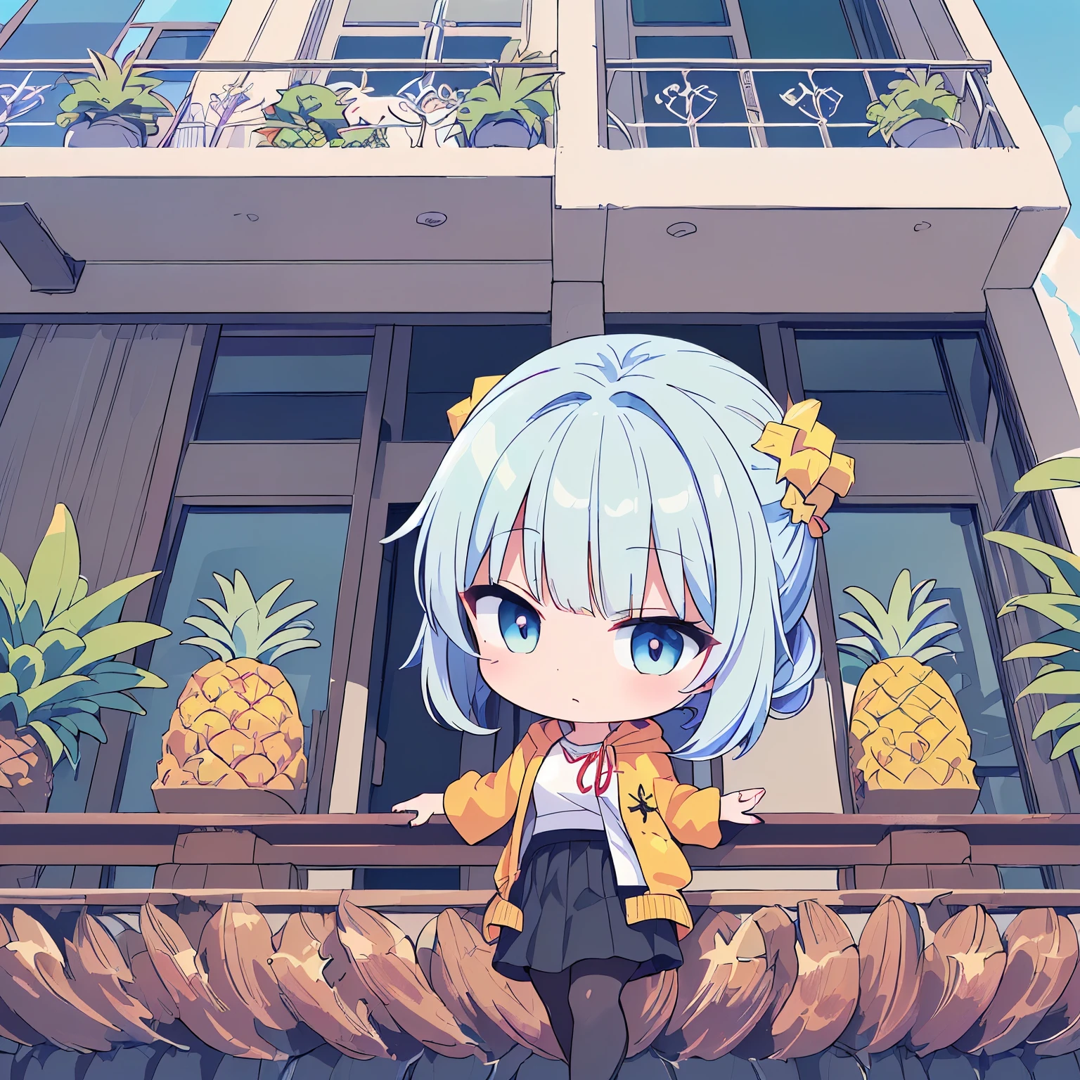 (Chibi, Pineapple, 1 girl: 1.5), (Masterpiece, almond-shaped eyes, glossy white-blue hair, short chignon hair, top quality, carefully drawn fingertips, beautiful anatomy, From below , Whole body: 1.4), (Tasteful colored pencil hand-drawn picture: 1.3), (Red cheeks, indifferent, expressionless, hair waving in the wind: 1.2), (Slim and warm clothes, warm hood, celebrity lifestyle , long skirt, black tights: 1.2), (Elegant evening: 1.3), (Large balcony,houseplants, leaning on elbows and looking at the scenery,pineapple building,high class live view: 1.3)