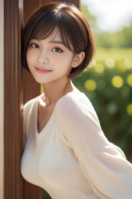 ((highest quality、best image quality、ultra high resolution、Drawn in ultra-high definition、alone、look closely at the camera))、1 girl、realistic、Depth of written boundary、natural soft light、Echiechi, Constricted body, 30 years old, beautiful and detailed eyes, short bob hair, highest quality, masterpiece, Layer Bob Hair, Moist eyes, pixie cut, great pose, brown eyes, smile, perfect fingers、perfect hands、perfect body、perfect face, perfect anatomy, glossy lips, natural makeup, small ass, professional lighting, cowboy shot, self snap, spring, Bell Sleeve Sweater, simple background, Hotel, beautiful decolletage,