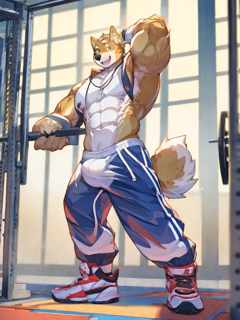 Ultra-clear，A Shiba Inu Fury wearing a see-through Nike tracksuit，in the gym，muscle strong，translucent white bulge，Confident laughter，soft light，Standing and looking straight up, you can see your whole body，nike socks，strong muscle，Dirty socks thrown on the floor，Hot gas