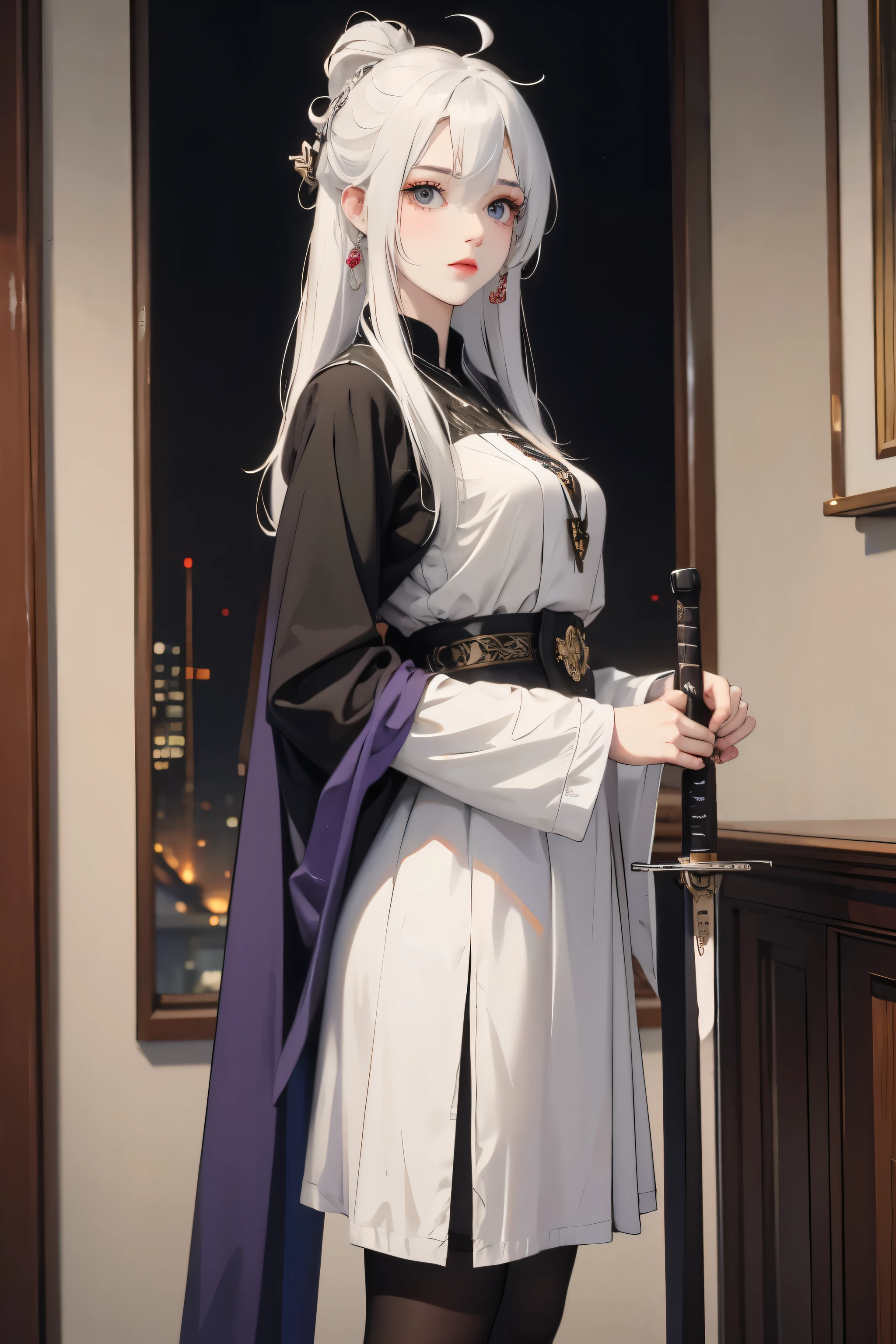 Unicorn anthropomorphic female high detail white hair purple pupils，Game of the original painting，black leggings，Sword in hand，whole body站姿，，Royal sister，no background，whole body，whole body，standing posture，