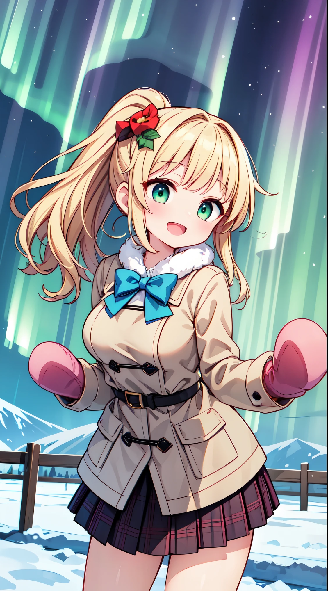 (Masterpiece:0.9), best quality, (illustration, high-resolution:1.1), hyper detail, (cinematic lighting, rich colors), atmospheric,
BREAK, 1 beautiful girl, girl, (cute:1.5),(Little:0.5),(cute:2.0),(change:2.0),( girl),(big breasts:1.65),(chin hair,blonde,blue bow,green eyes,Eyebrows visible through the hair,side lock,long hair with bangs parted, hair flower, hair ornaments, big ribbon in hair, curly hair, ponytail:1.6),:he, white feathers, one thin white wing, Ang he wings, spread your wings, shining wings),pit \black},glowing skin, beautiful skin, Shining beautiful skin, open your mouth, bashful smile, alone, tooth, upper teeth,(long eyheashes, double eyheids:1.2),alone, glowing skin, beautiful skin, Shining beautiful skin,(highest quality face),(highest quality shining eyes),(:d),
BREAK
(wearing winter coat with white fluffy fur, checked skirt, winter mittens:1.4),
BREAK
standing, (leaning forward:1.3), looking at viewer,
BREAK nose blush, smile, open mouth,
BREAK
(winter, snowy, ice, mountains, night:1.2), (under the aurora:1.5), (starry sky:1.3),
BREAK
(perfect anatomy, perfect arms, perfect hand, perfect finger, perfect legs:1.3)
BREAK,wakame,wakame,wakame, (from below:1.2), cowboy shot,
BREAK,(Blurry background:1.3),(absurderes, hight resolution, Super Detail Art),cel shading,Clear Color, Lonely optical effect, Beautiful pictures, Bright glow, mystic atmosphere,Mystical light particle effect,manga influence, clean line drawings,