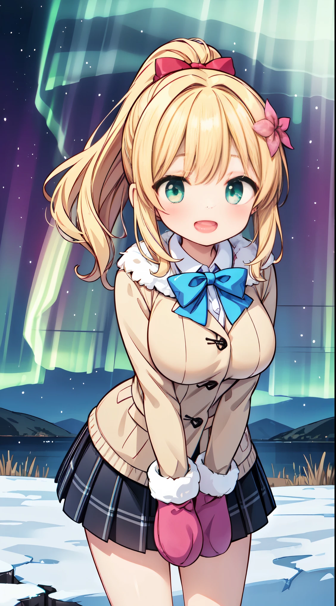 (Masterpiece:0.9), best quality, (illustration, high-resolution:1.1), hyper detail, (cinematic lighting, rich colors),  atmospheric,


BREAK,  1 beautiful girl, girl, (cute:1.5),(Little:0.5),(cute:2.0),(change:2.0),(12 year old girl),(big breasts:1.65),(chin hair,blonde,blue bow,green eyes,Eyebrows visible through the hair,side lock,long hair with bangs parted, hair flower, hair ornaments, big ribbon in hair, curly hair, ponytail:1.6),:he, white feathers, one thin white wing, Ang he wings, spread your wings, shining wings),pit \black},glowing skin, beautiful skin, Shining beautiful skin, open your mouth, bashful smile, alone, tooth, upper teeth,(long eyheashes, double eyheids:1.2),alone, glowing skin, beautiful skin, Shining beautiful skin,(highest quality face),(highest quality shining eyes),(:d),
BREAK
(wearing winter coat with white fluffy fur, checked skirt, winter mittens:1.4),
BREAK
standing, (leaning forward:1.3), looking at viewer,
BREAK nose blush, smile, open mouth,
BREAK
(winter, snowy, ice, mountains, night:1.2), (under the aurora:1.5), (starry sky:1.3),
BREAK
(perfect anatomy, perfect arms, perfect hand, perfect finger, perfect legs:1.3)




BREAK,wakame,wakame,wakame, (from below:1.2), cowboy shot,


BREAK,(Blurry background:1.3),(absurderes, hight resolution, Super Detail Art),cel shading,Clear Color, Lonely optical effect, Beautiful pictures, Bright glow, mystic atmosphere,Mystical light particle effect,manga influence, clean line drawings, 