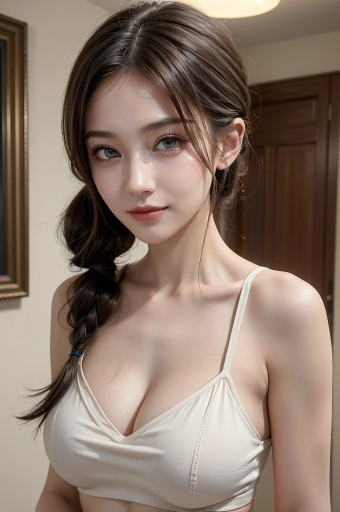 ((Best quality, 8k, Masterpiece :1.3)), 1girl, beautiful woman with emphasis on slim abs: 1.3, (casual hairstyle, big breasts: 1.2), casual wear: 1.2, interior, ultra-detailed face, delicate eyes, double eyelids, soft breasts, smile, exposed cleavage