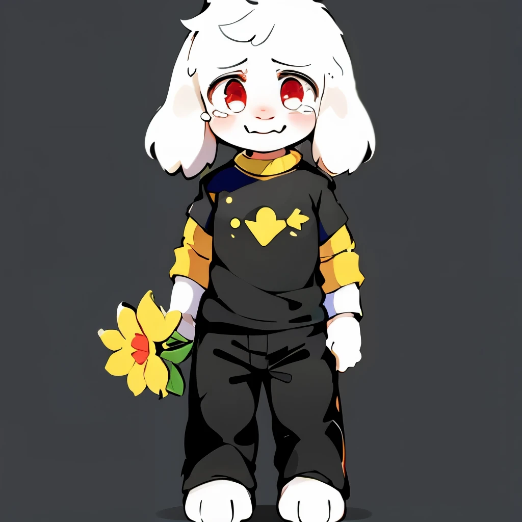 1boy, solo, kid, standing, flat color black background, stars, holding one yellow flower, red eyes, t-shirt, pants, worried expression, smiling, tears forming in eyes