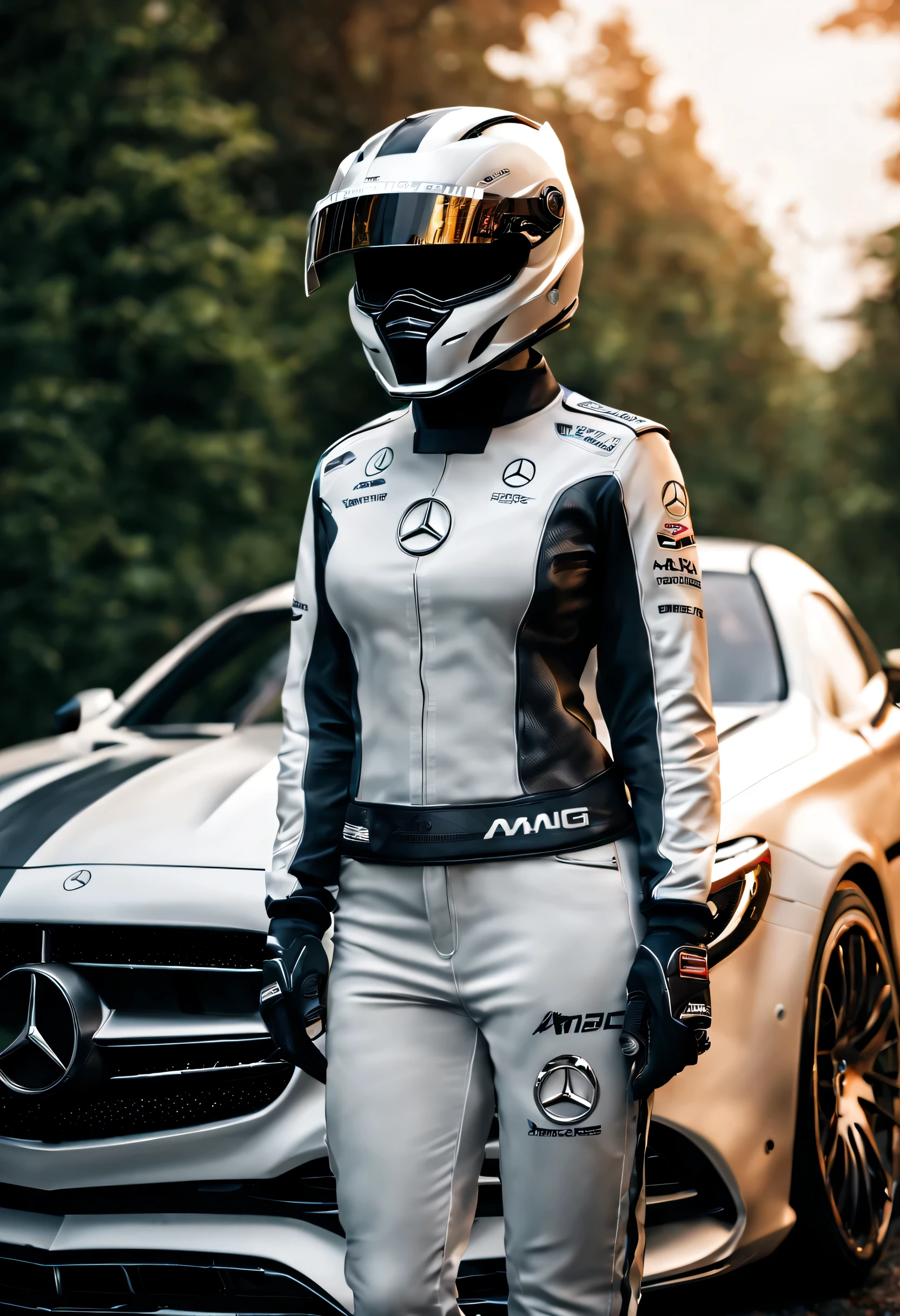 mythisch, Kreatur, Stern, Mercedes, Auto, eine Klasse, AMG, humanoid as Auto, Sportliche Kleidung, Mercedes emblem on chest,Helm,photorealistisch,realistisch,Glow,perfect realistisch face