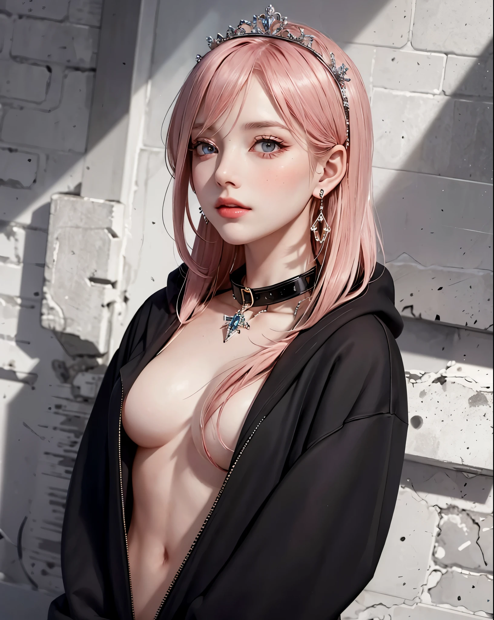 (masterpiece, best quality, 1 girl, alone, intricate details, Color difference), actual,((medium breathing)),long hair, blond, Red tiara, Pink highlights, hair covering one eye,purple eyes, earrings, sharp vision, collar,Black Nude Hoodie, (Symmetrical eyes),(Perfectly symmetrical figure),against the wall, brick wall, Graffiti, dim lights, alley ,look at the audience,