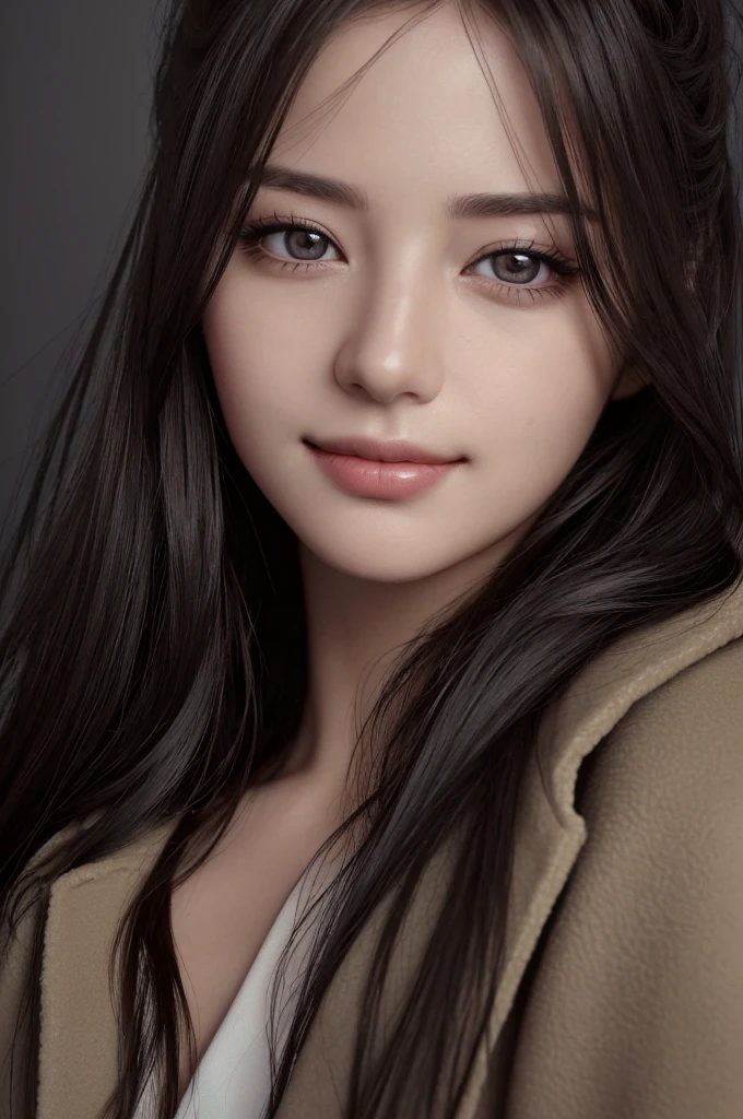 (8K、highest quality、masterpiece:1.2)、(realistic、フォトrealistic:1.37)、Super detailed、1 girl, long hair, beautiful eyes, low nose、 black eyes、beautiful face, detailed eyes and face, dynamic lighting, in the dark, deep shadow, discreet key, cowboy shot、 (lazy smile:1.15)、natural makeup、duffle coat