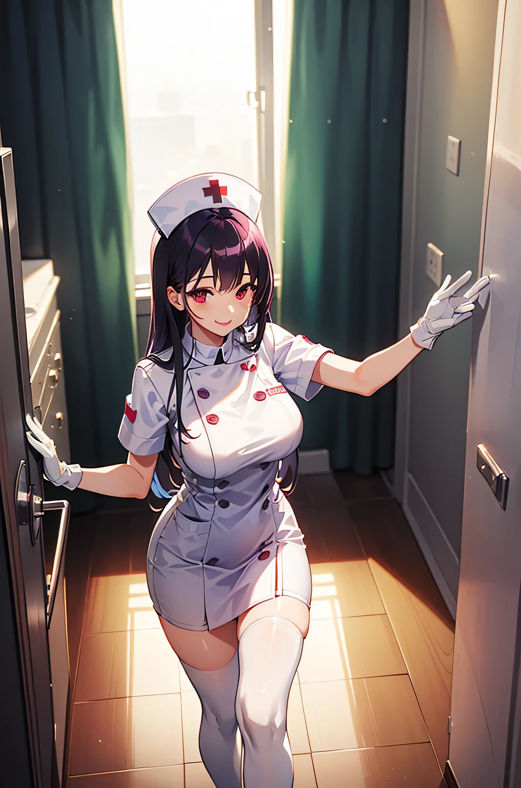 1 female, alone, nurse, nurse cap, White nurse uniform, ((white legwear, zettai ryouiki)), white gloves, long hair, purple hair, red eyes, pink lips, smile, Are standing, ((hospital room)), sharp outline, short sleeve, mature woman, 35 years old, highest quality, masterpiece