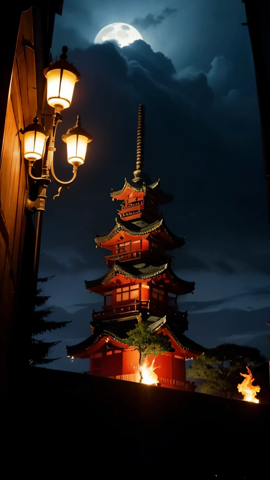 Don't go out late at night. They appear in a row with torches under the moonlight peeking through the clouds. giant bone monster, Red Devil, Heian-kyo, Japan folklore, Apparition, matrix,