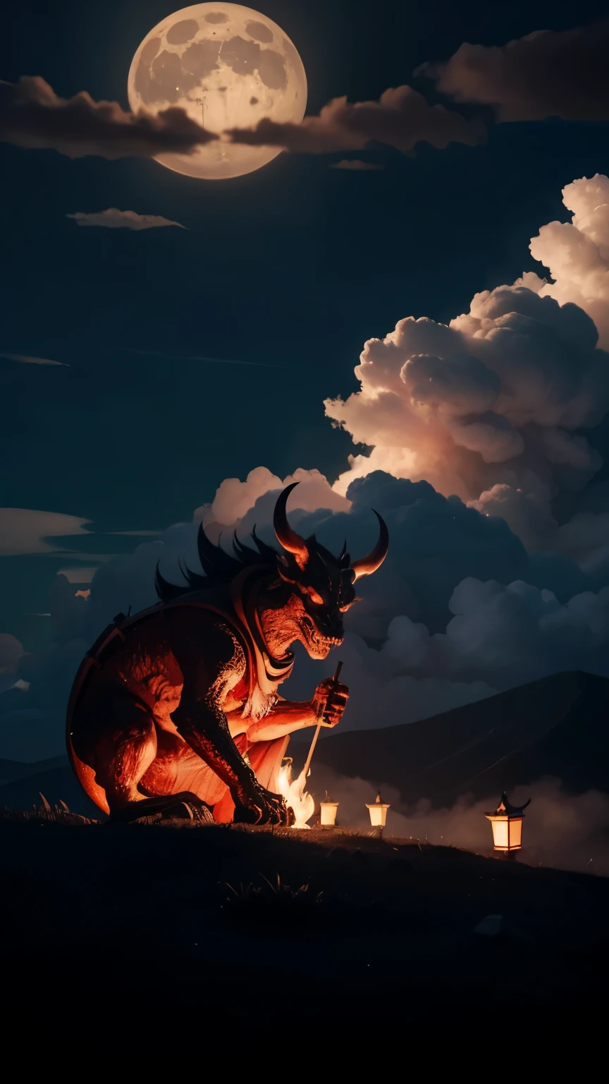 Don't go out late at night. They appear in a row with torches under the moonlight peeking through the clouds. giant bone monster, Red Devil, Heian-kyo, Japan folklore, Apparition, matrix,