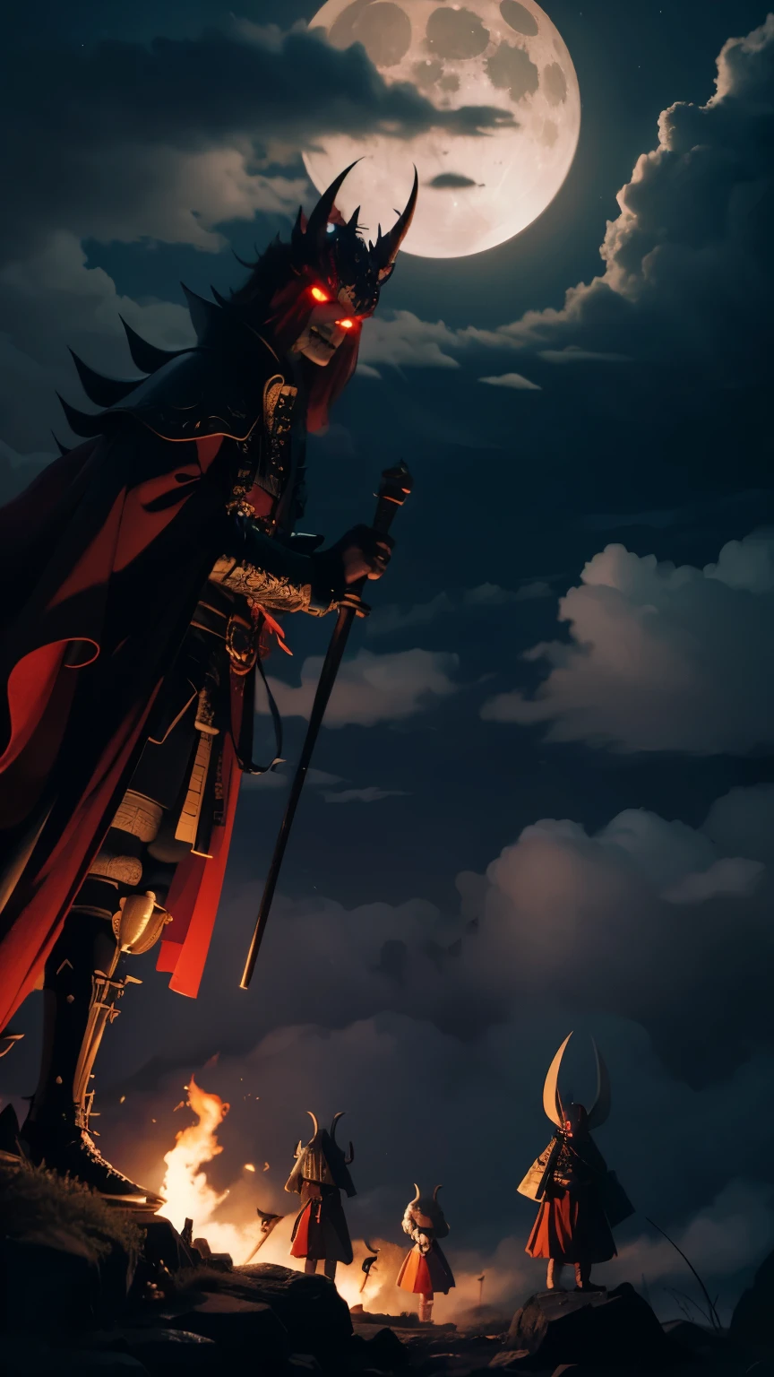 Don't go out late at night. They appear in a row with torches under the moonlight peeking through the clouds. giant bone monster, Red Devil, Heian-kyo, Japan folklore, Apparition, matrix,
