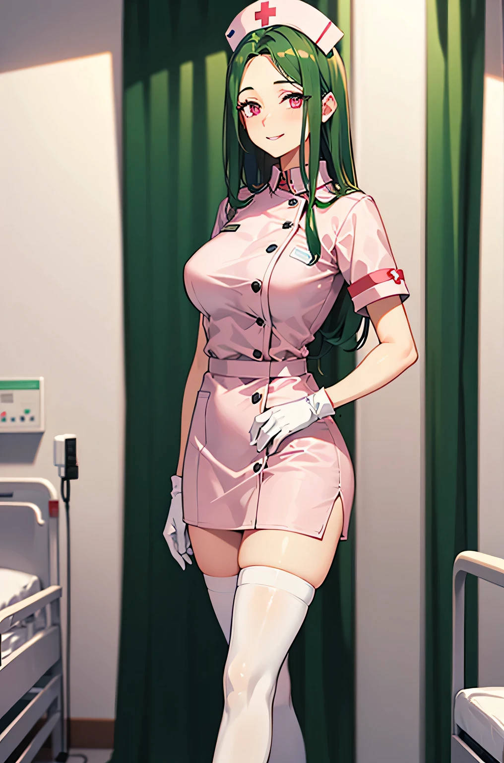 1 female, alone, nurse, nurse cap, White nurse uniform, ((white legwear, zettai ryouiki)), white gloves, amount, long hair, green hair, pink eyes, pink lips, smile, Are standing, ((hospital room)), sharp outline, short sleeve, mature woman, 35 years old, highest quality, masterpiece