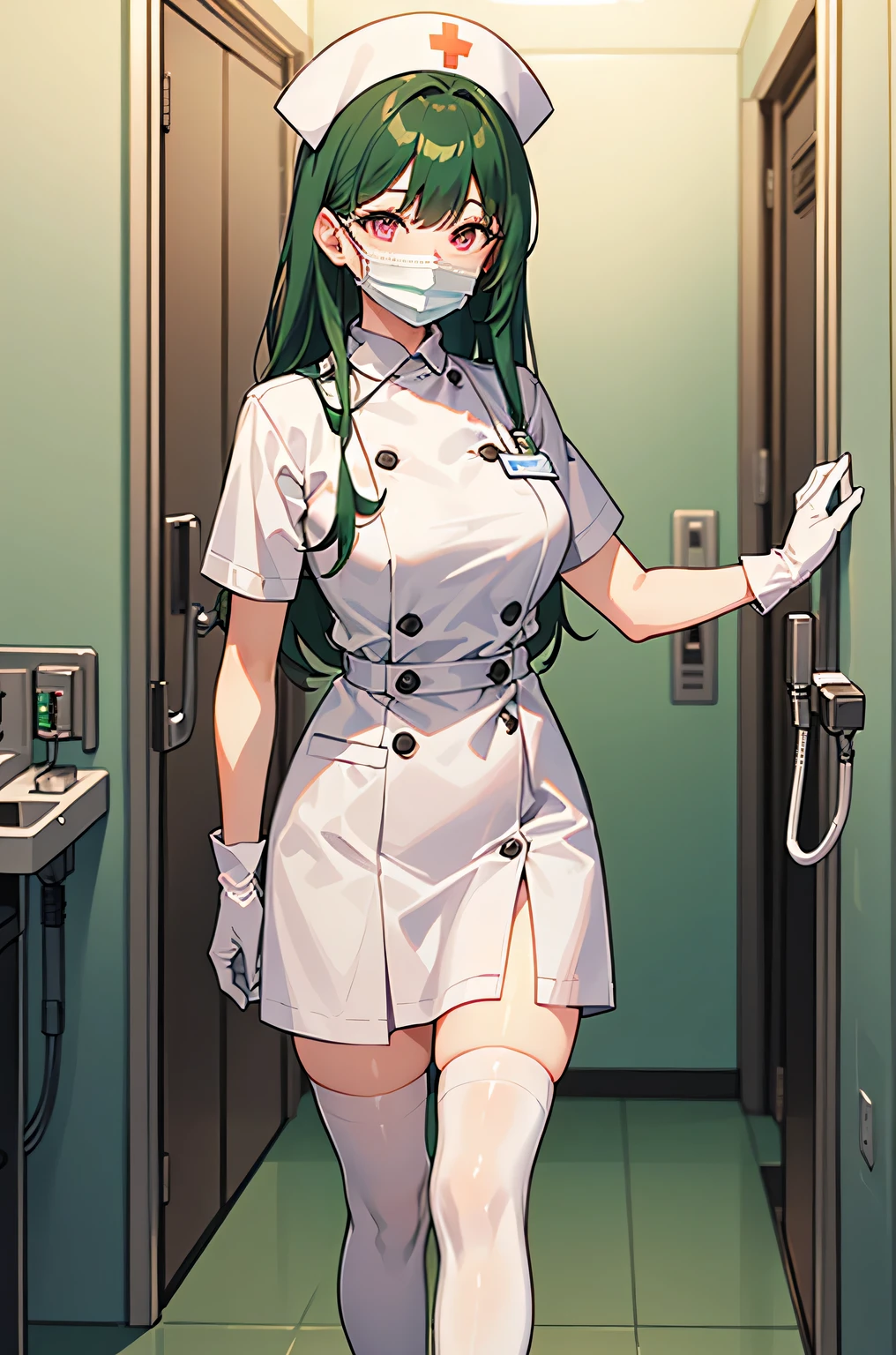 1 female, alone, nurse, nurse cap, White nurse uniform, ((white legwear, zettai ryouiki)), white gloves, amount, long hair, green hair, pink eyes, ((White surgical mask, Covered nose)), Are standing, ((hospital room)), sharp outline, short sleeve, mature woman, 35 years old, highest quality, masterpiece