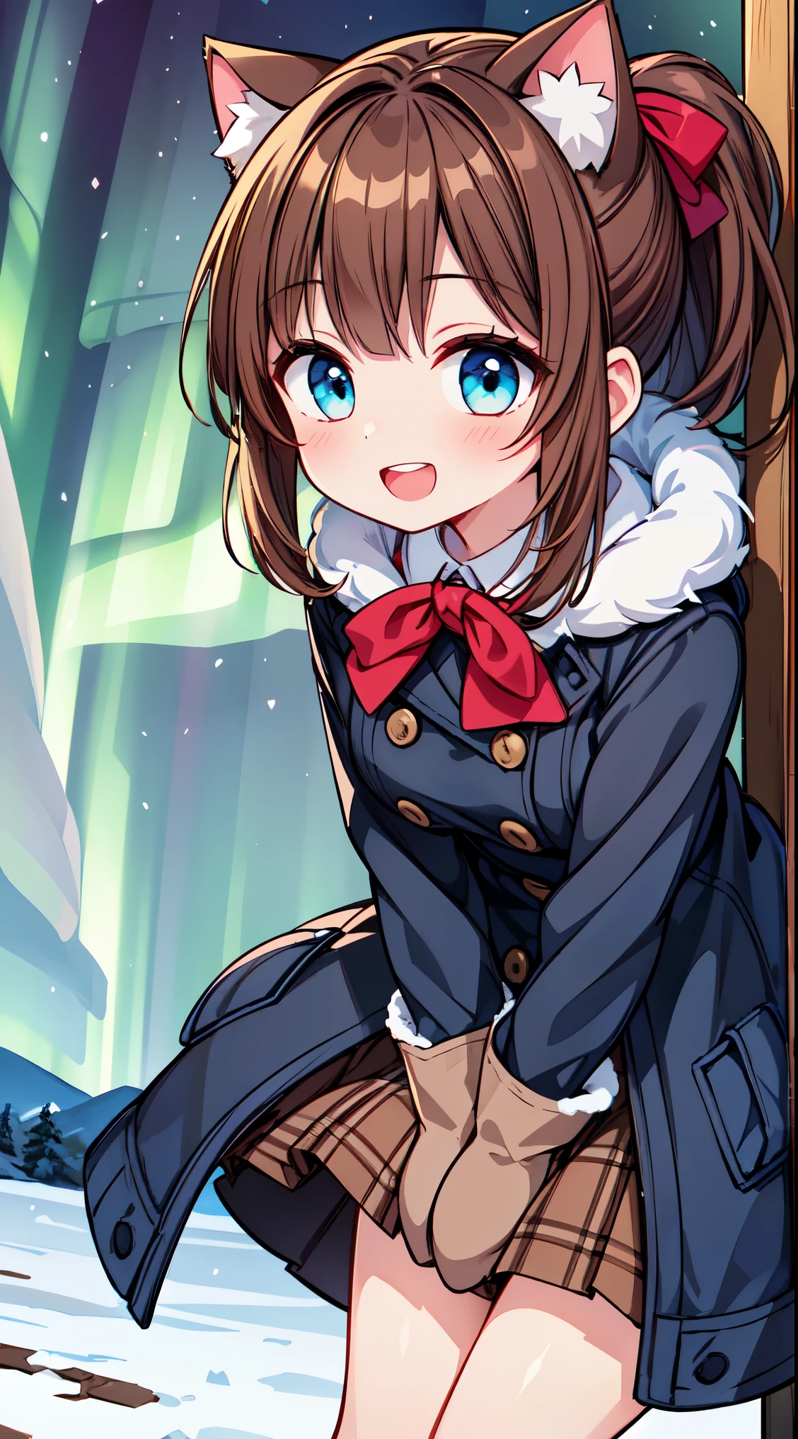 (super fine illustration:1.2),(masterpiece, 8k), (best quality, high quality:1.4), perfect anatomy, hyper detailed, ultra detailed,masterpiece background,beautiful detailed background, v8k wallpaper,perfect design,award-winning art,atmospheric, BREAK, 1 beautiful girl, ( girl),Solo,(Cute:1.5),(Chibi:0.6),(kawaii:1.5),(:0.5),BREAK,1 beautiful girl, (17 years old detailed, colourfull, highest details, BREAK, (Huge breasts: 1. 2), Clear skin, Beautiful skin, Shy skin, 1 beautiful girl, (Brown hair:1.75), (Cat ears, Ponytail, medium-Long hair: 1. 2), (Light blue eyes, long eyelashes, Double eyelids: 1. 2),Solo,gleaming skin, Clear skin, Beautiful skin,(best quality face),(Top quality glowing eyes),(The best smile,:D:1.45), nose blush, sleepy, grin, open mouth,
BREAK
(wearing winter coat with white fluffy fur, checked skirt, winter mittens:1.4),
BREAK
standing, (leaning forward:1.3), looking at viewer,
BREAK nose blush, smile, open mouth,
BREAK
(winter, snowy, ice, mountains, night:1.2), (under the aurora:1.5), (starry sky:1.3),
BREAK
(perfect anatomy, perfect arms, perfect hand, perfect finger, perfect legs:1.3)
BREAK,wakame,wakame,wakame, (from below:1.2), cowboy shot,
BREAK,(Blurry background:1.3),(absurderes, hight resolution, Super Detail Art),cel shading,Clear Color, Lonely optical effect, Beautiful pictures, Bright glow, mystic atmosphere,Mystical light particle effect,manga influence, clean line drawings,