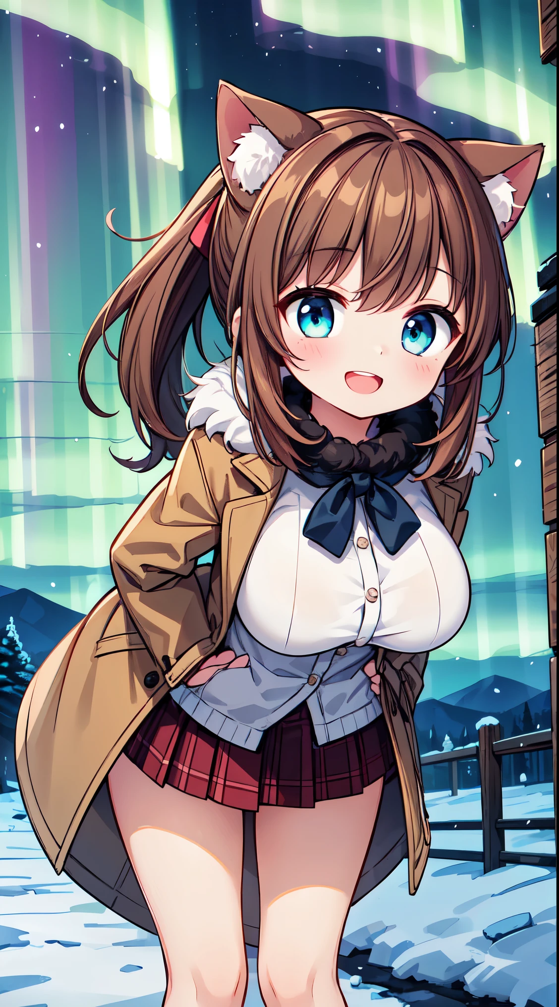 (super fine illustration:1.2),(masterpiece, 8k), (best quality, high quality:1.4), perfect anatomy, hyper detailed, ultra detailed,masterpiece background,beautiful detailed background, v8k wallpaper,perfect design,award-winning art,atmospheric, BREAK, 1 beautiful girl, ( girl),Solo,(Cute:1.5),(Chibi:0.6),(kawaii:1.5),(:0.5),BREAK,1 beautiful girl, (17 years old detailed, colourfull, highest details, BREAK, (Huge breasts: 1. 2), Clear skin, Beautiful skin, Shy skin, 1 beautiful girl, (Brown hair:1.75), (Cat ears, Ponytail, medium-Long hair: 1. 2), (Light blue eyes, long eyelashes, Double eyelids: 1. 2),Solo,gleaming skin, Clear skin, Beautiful skin,(best quality face),(Top quality glowing eyes),(The best smile,:D:1.45), nose blush, sleepy, grin, open mouth,
BREAK
(wearing winter coat with white fluffy fur, checked skirt, winter mittens:1.4),
BREAK
standing, (leaning forward:1.3), looking at viewer,
BREAK nose blush, smile, open mouth,
BREAK
(winter, snowy, ice, mountains, night:1.2), (under the aurora:1.5), (starry sky:1.3),
BREAK
(perfect anatomy, perfect arms, perfect hand, perfect finger, perfect legs:1.3)
BREAK,wakame,wakame,wakame, (from below:1.2), cowboy shot,
BREAK,(Blurry background:1.3),(absurderes, hight resolution, Super Detail Art),cel shading,Clear Color, Lonely optical effect, Beautiful pictures, Bright glow, mystic atmosphere,Mystical light particle effect,manga influence, clean line drawings,