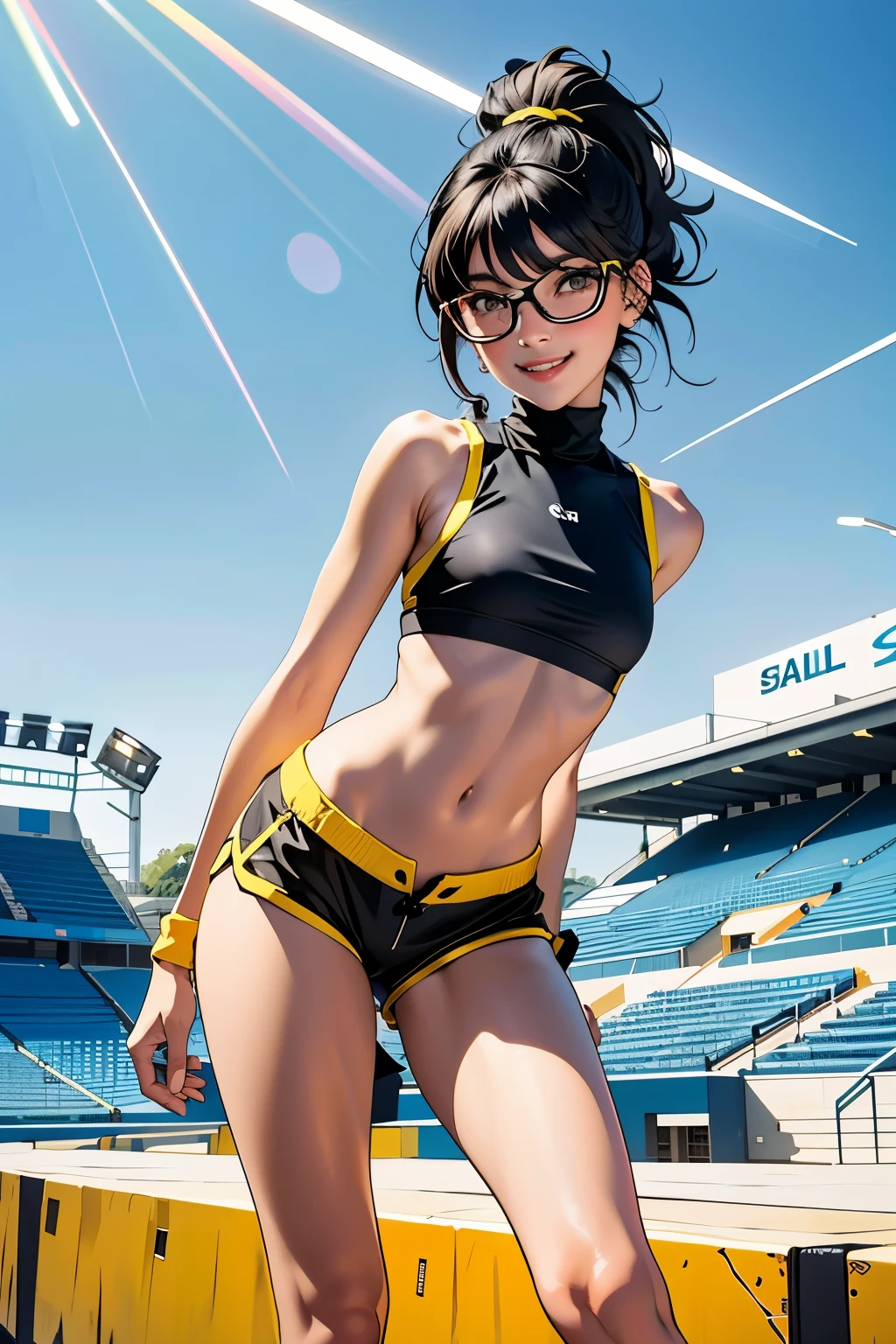 beautiful girl runner, 16 years old, Prepare to practice running, Lean over to tie your shoelaces..........................., Black Hair, Ponytail, bangs, Smile a little..........................., Wear glasses, ((Wear a sleeveless sports bar..........................., turtleneck, black and yellow shorts, (underboob))), The abdomen has sexy lines..........................., yellow running shoes, in the stadium stands, anime, high-res