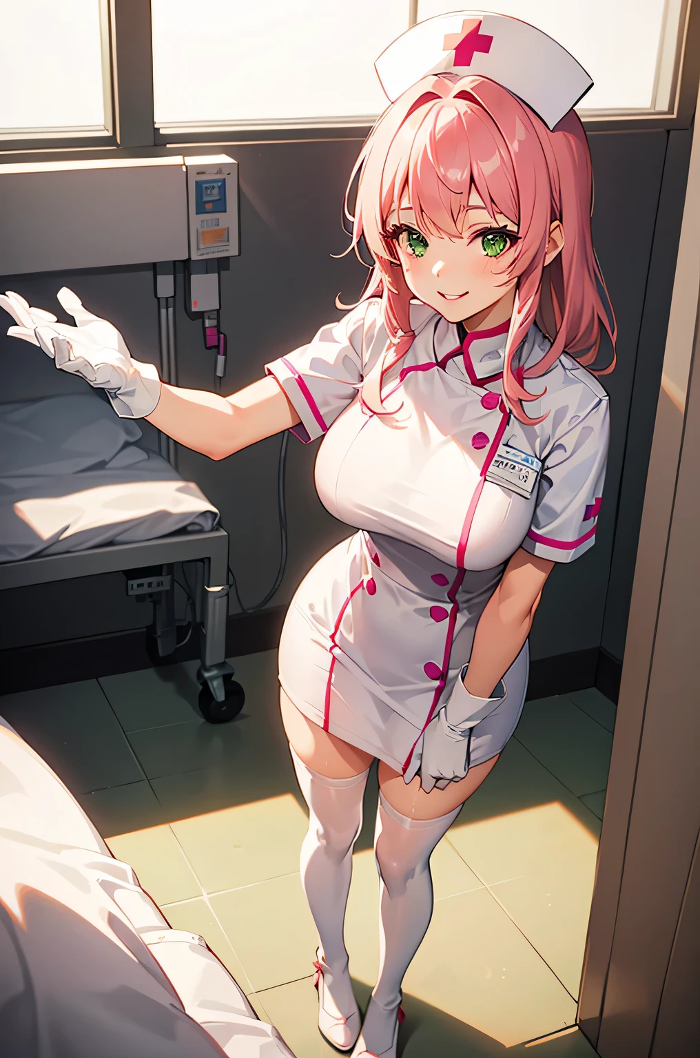 1 female, alone, nurse, nurse cap, White nurse uniform, ((white legwear, zettai ryouiki)), white gloves, pink hair, green eyes, droopy eyes, pink lips, smile, Are standing, ((hospital room)), sharp outline, short sleeve, mature woman, 32 years old, highest quality, masterpiece