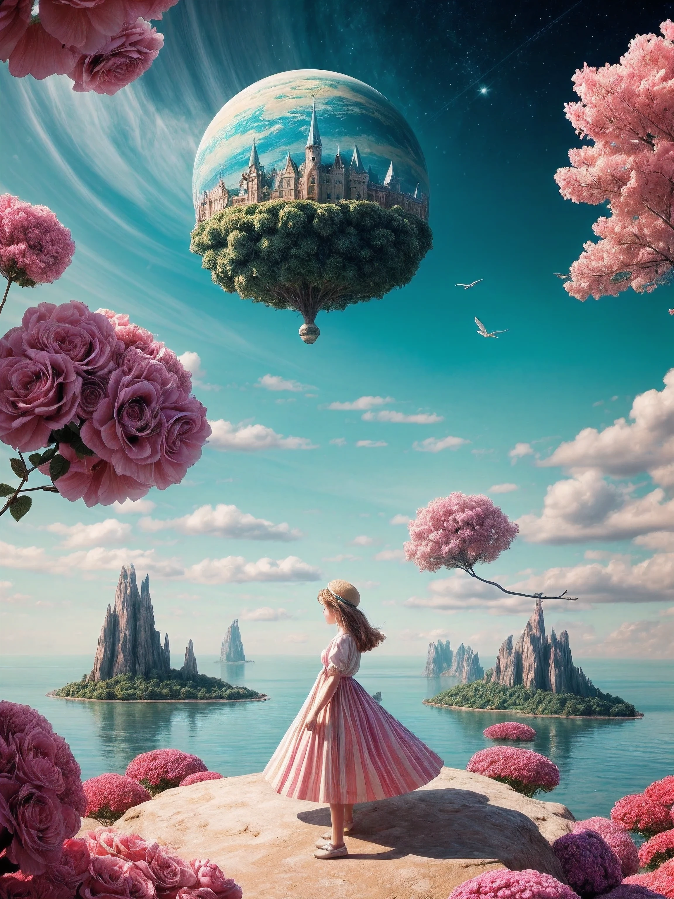 "A whimsical scene unfolds as we see a girl donning rose-colored glasses, exploring a dreamlike world. The background is a surreal landscape with floating islands and pastel-colored clouds. The art style draws inspiration from the dreamy illustrations of Mary Blair and the playful imagination of Studio Ghibli films. The camera angle is a low-angle shot, capturing the vastness of the imaginative world and the girl's sense of wonder. The image should be rendered with vivid, fantasy colors, and the glasses should emit a soft, magical glow. The resolution should be 4K to maintain a balance between detail and artistic expression."
