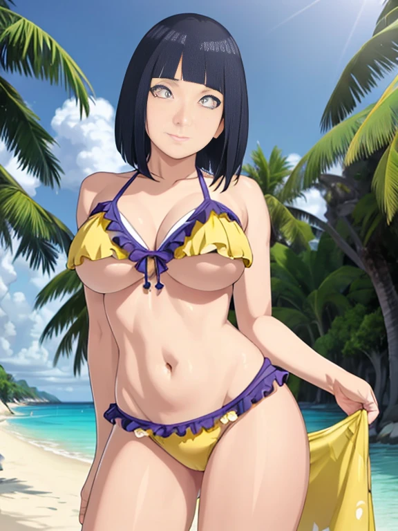 (masterpiece), best quality, perfect face, beach background, clothes((frilly, bikini, yellow bumblebee)), short dark blue hair, looking at viewers, big , looking at viewers, front facing, front view, happy face, perfect shaped beautiful body, ultra realistic detailed white eyes ,thick waist, realistic 