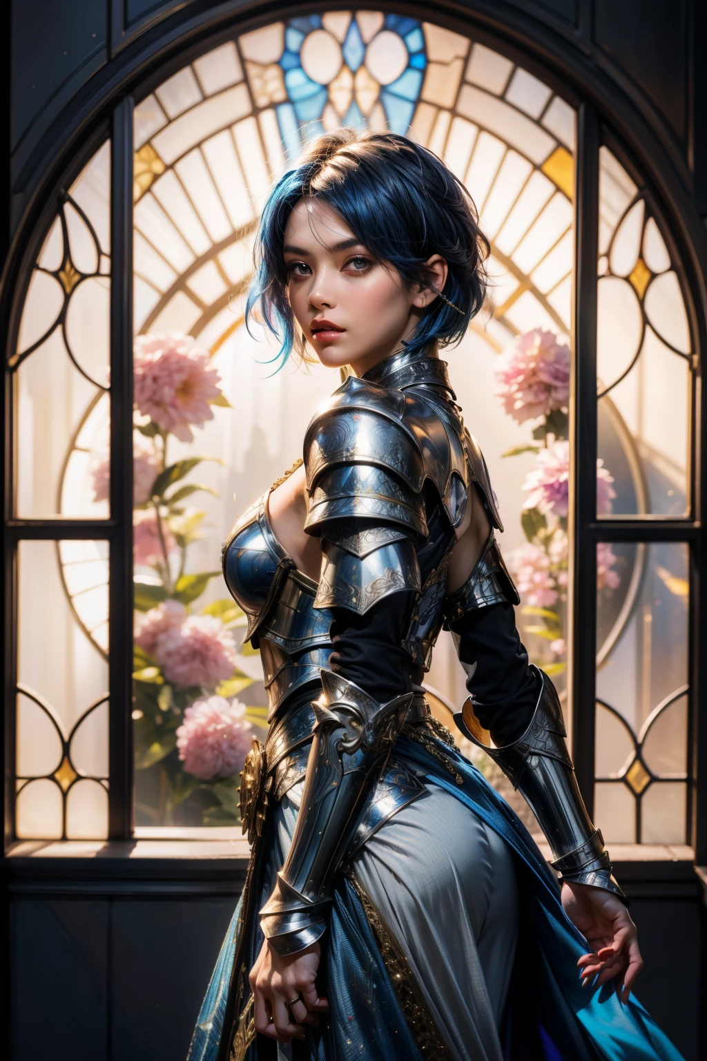 <lora:DLDLmengyiran_20230728210423:0.75>,1girl,mature female, cityscape, night,looking at viewer, hair ornament, short hair, makeup, armor,black shoulder armor,scale armor, cowboy shot, blue hair,dress,facial mark, jewelry,