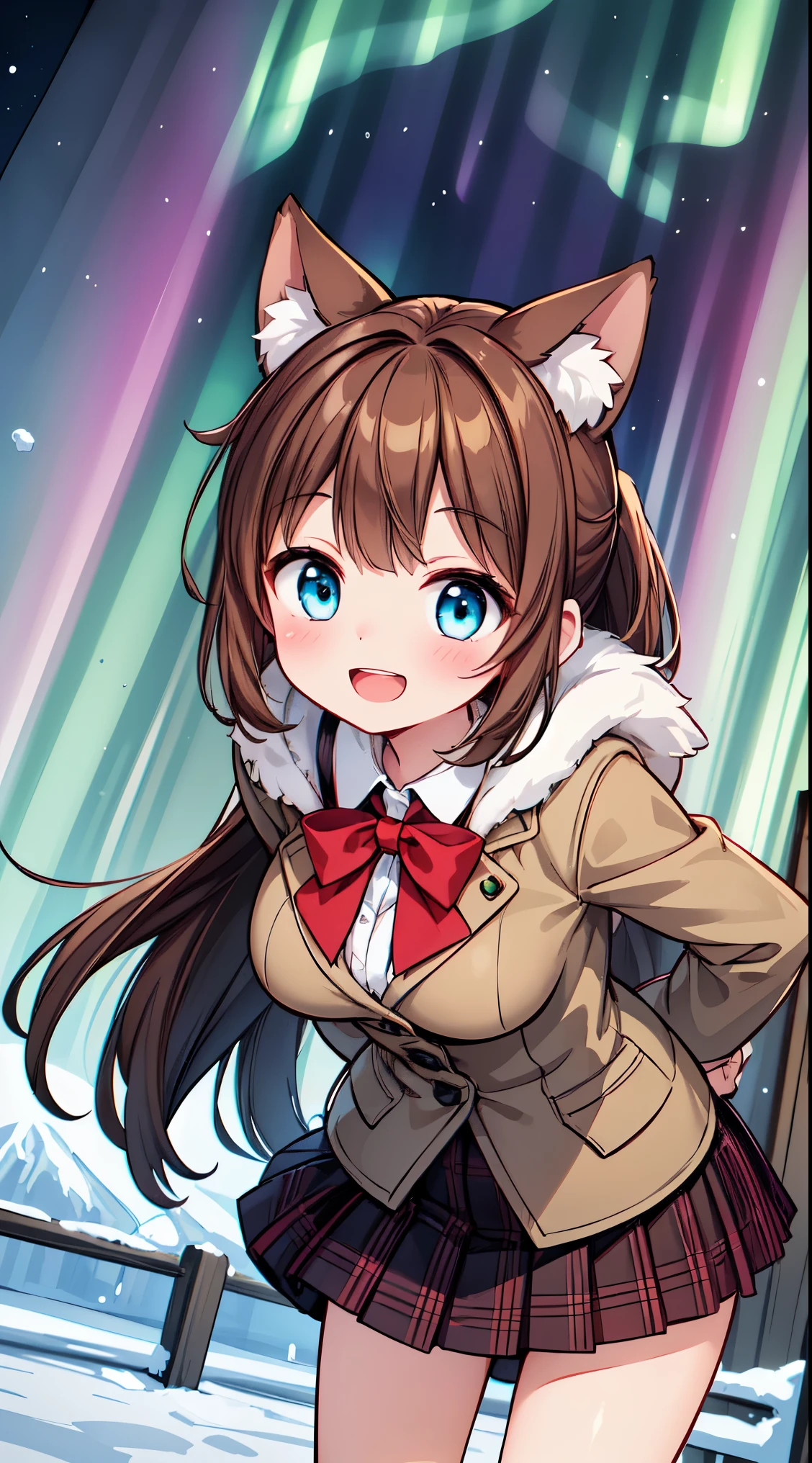 (super fine illustration:1.2),(masterpiece, 8k), (best quality, high quality:1.4), perfect anatomy, hyper detailed, ultra detailed,masterpiece background,beautiful detailed background, v8k wallpaper,perfect design,award-winning art,atmospheric, BREAK, 1 beautiful girl, (17 years old girl),Solo,(Cute:1.5),(Chibi:0.6),(kawaii:1.5),(:0.5),BREAK,1 beautiful girl, (17 years old girl), Very detailed, colourfull, highest details, BREAK, (Huge breasts: 1. 2), Clear skin, Beautiful skin, Shy skin, 1 beautiful girl, (Brown hair:1.75), (Cat ears, Ponytail, medium-Long hair: 1. 2), (Light blue eyes, long eyelashes, Double eyelids: 1. 2),Solo,gleaming skin, Clear skin, Beautiful skin,(best quality face),(Top quality glowing eyes),(The best smile,:D:1.45), nose blush, sleepy, grin, open mouth,
BREAK
(wearing winter coat with white fluffy fur, checked skirt, winter mittens:1.4),
BREAK
standing, (leaning forward:1.3), looking at viewer,
BREAK nose blush, smile, open mouth,
BREAK
(winter, snowy, ice, mountains, night:1.2), (under the aurora:1.5), (starry sky:1.3),
BREAK
(perfect anatomy, perfect arms, perfect hand, perfect finger, perfect legs:1.3)




BREAK,wakame,wakame,wakame, (from below:1.2), cowboy shot,


BREAK,(Blurry background:1.3),(absurderes, hight resolution, Super Detail Art),cel shading,Clear Color, Lonely optical effect, Beautiful pictures, Bright glow, mystic atmosphere,Mystical light particle effect,manga influence, clean line drawings, 