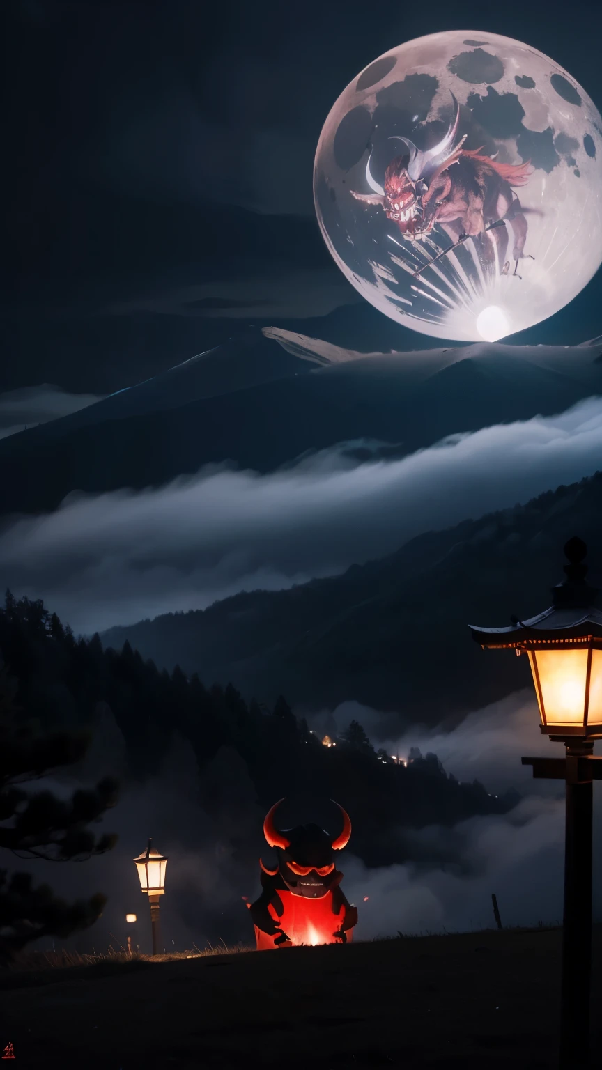Don't go out late at night. They appear in a row with torches under the moonlight peeking through the clouds. giant bone monster, Red Devil, Heian-kyo, Japan folklore, Apparition, matrix,