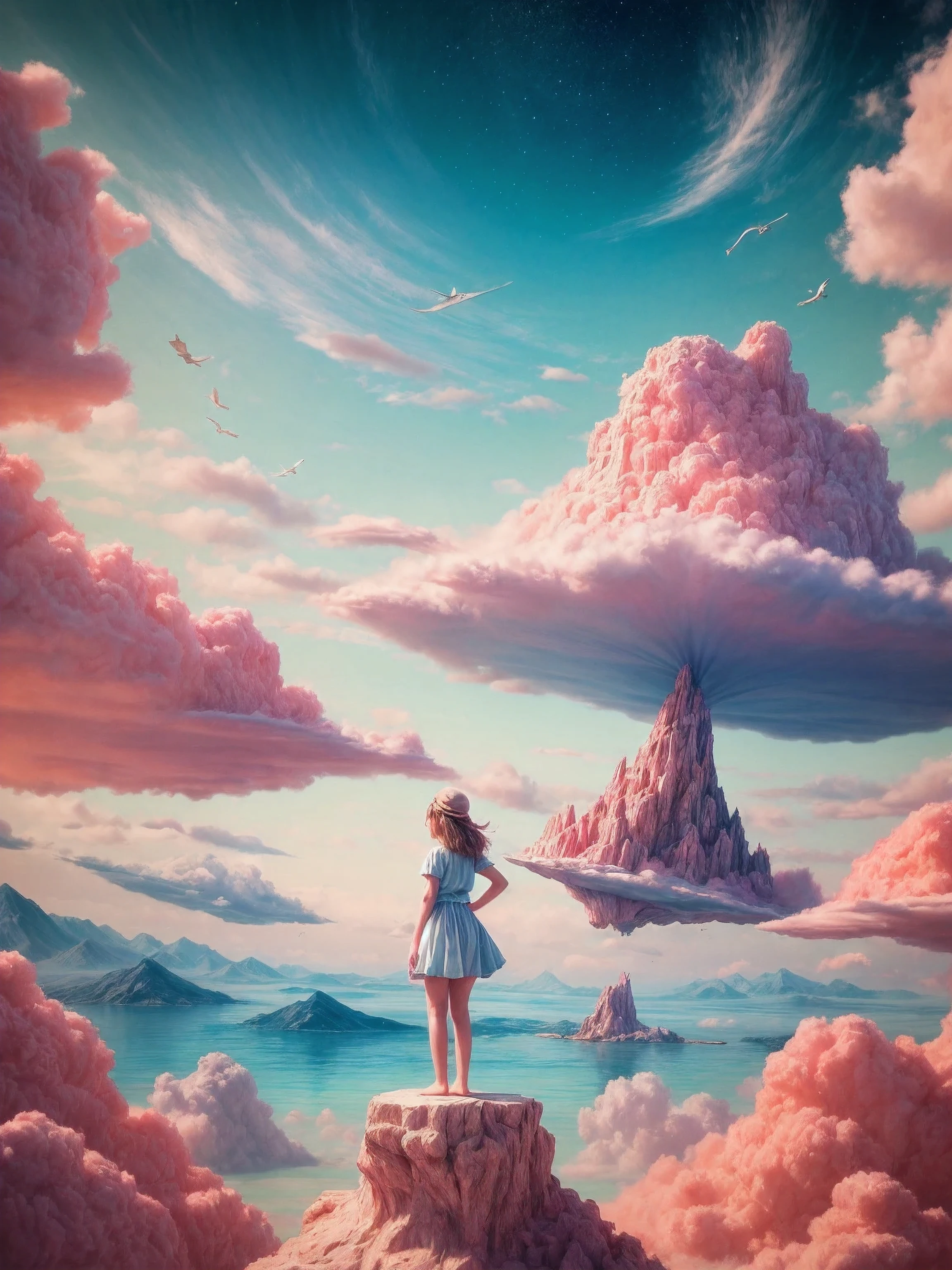"A whimsical scene unfolds as we see a girl donning rose-colored glasses, exploring a dreamlike world. The background is a surreal landscape with floating islands and pastel-colored clouds. The art style draws inspiration from the dreamy illustrations of Mary Blair and the playful imagination of Studio Ghibli films. The camera angle is a low-angle shot, capturing the vastness of the imaginative world and the girl's sense of wonder. The image should be rendered with vivid, fantasy colors, and the glasses should emit a soft, magical glow. The resolution should be 4K to maintain a balance between detail and artistic expression."
