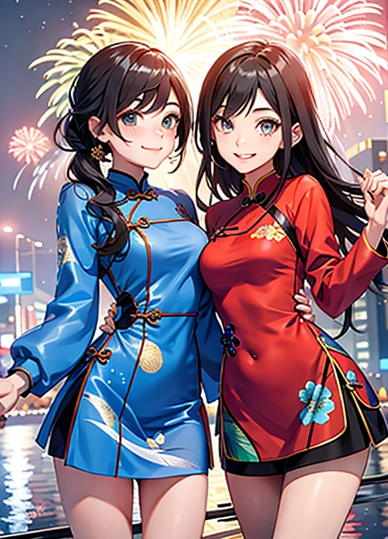 Two girls holding hands,night,lights,fireworks,wearing cheongsam,Tight cheongsam