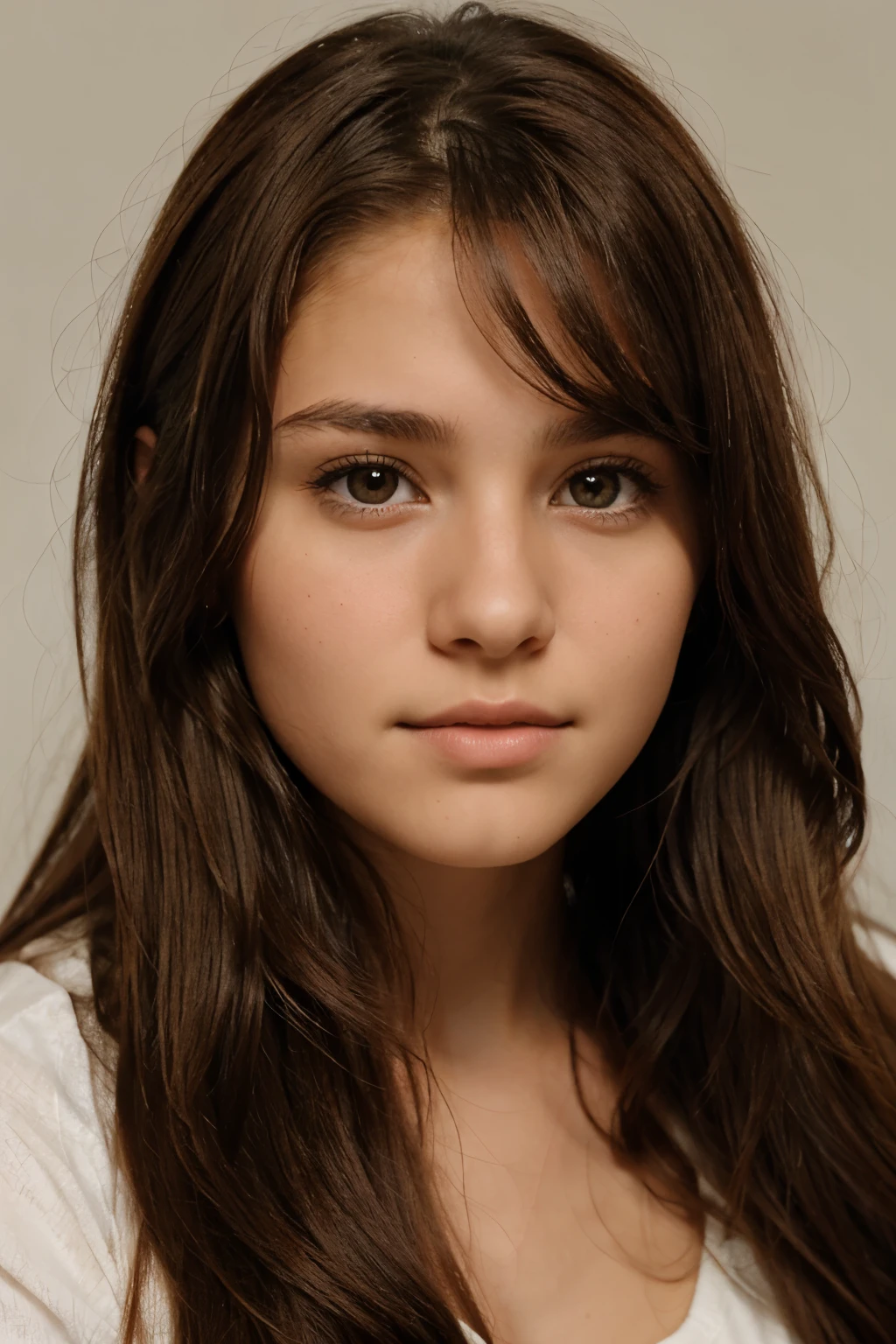 head shot of a very beautiful 15 year old girl, long brown hair