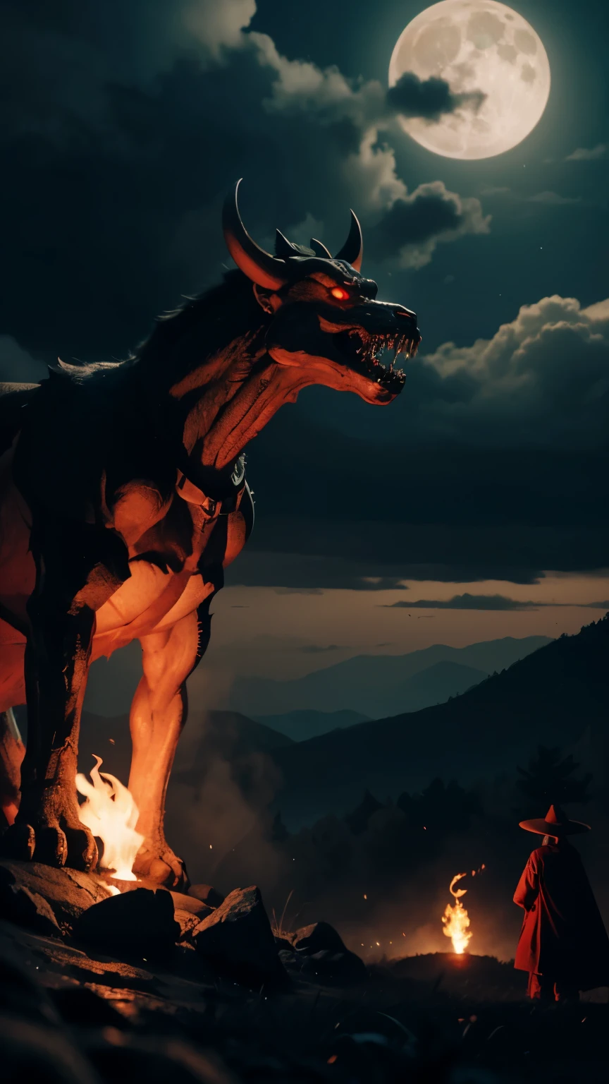 Don't go out late at night. They appear in a row with torches under the moonlight peeking through the clouds. giant bone monster, Red Devil, Heian-kyo, Japan folklore, Apparition, matrix,