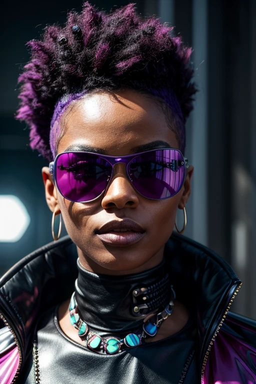 face close up, facing forward, posing for camera, photo realistic, facing forward, A closeup of a woman with a bright purple mohawk and sunglasses, Afrofuturism style latex punk jacket, mulher futurista da moda 4k , Afrofuturista, afro futurista, afrofuturismo, modelo bonito da mulher cyberpunk, afrofuturista, retrato futurista da mulher, alta moda cyberpunk, style hybrid mix of beeple, estilo cyberpunk hiper-realista, estilo cyberpunk , hiper-realista, Trending Octane on CGSethance 8k